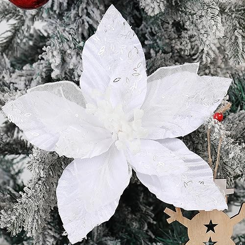 GL-Turelifes Flores de Navidad de terciopelo grandes de 10.7 pulgadas, 6 piezas de flores de pascua artificiales con purpurina, flores de árbol de