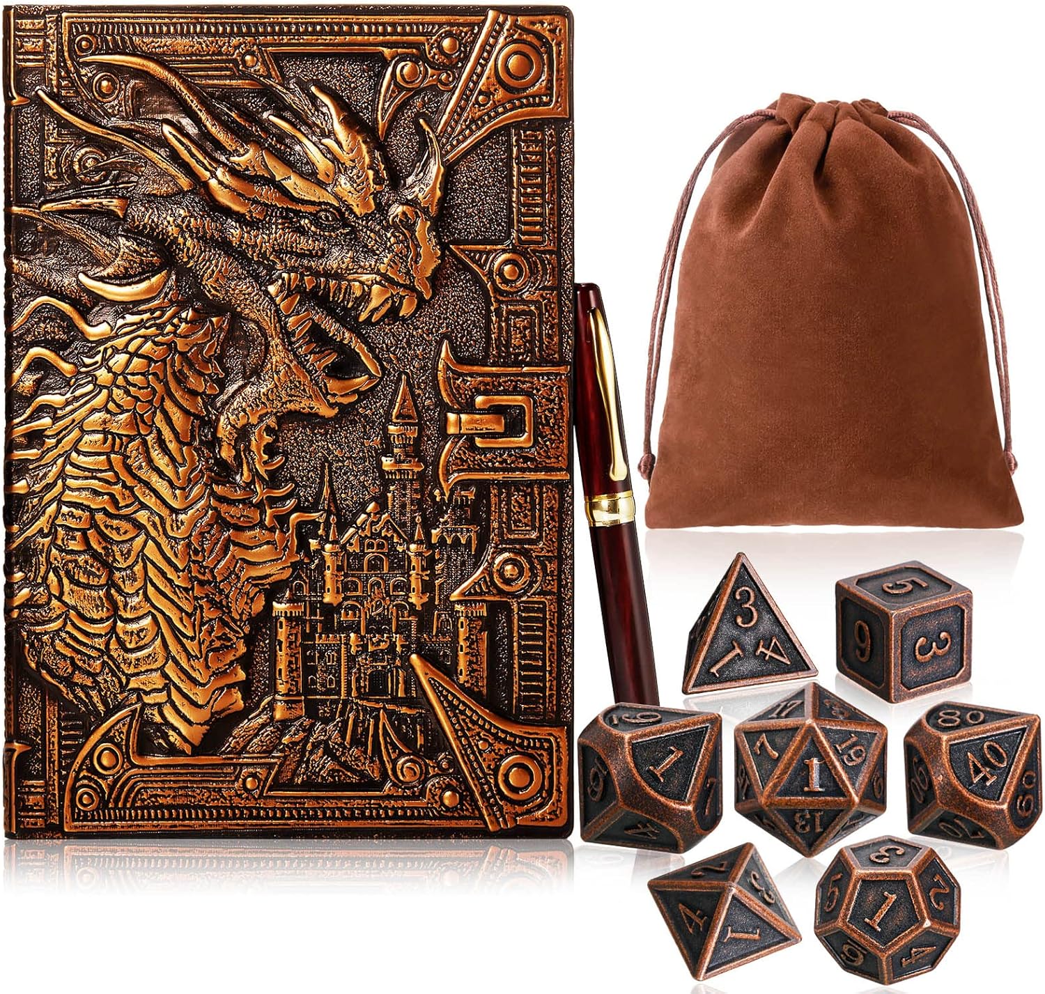 Outus 10 Pieces Antique Copper Gift Set Include 1 Dragon Journal Notebook Embossed Leather Journal 1 Wooden Pen 7 Metal Dice 1 Drawstring Dice Bag for Writing Women Men Table Games (Red Bronze)