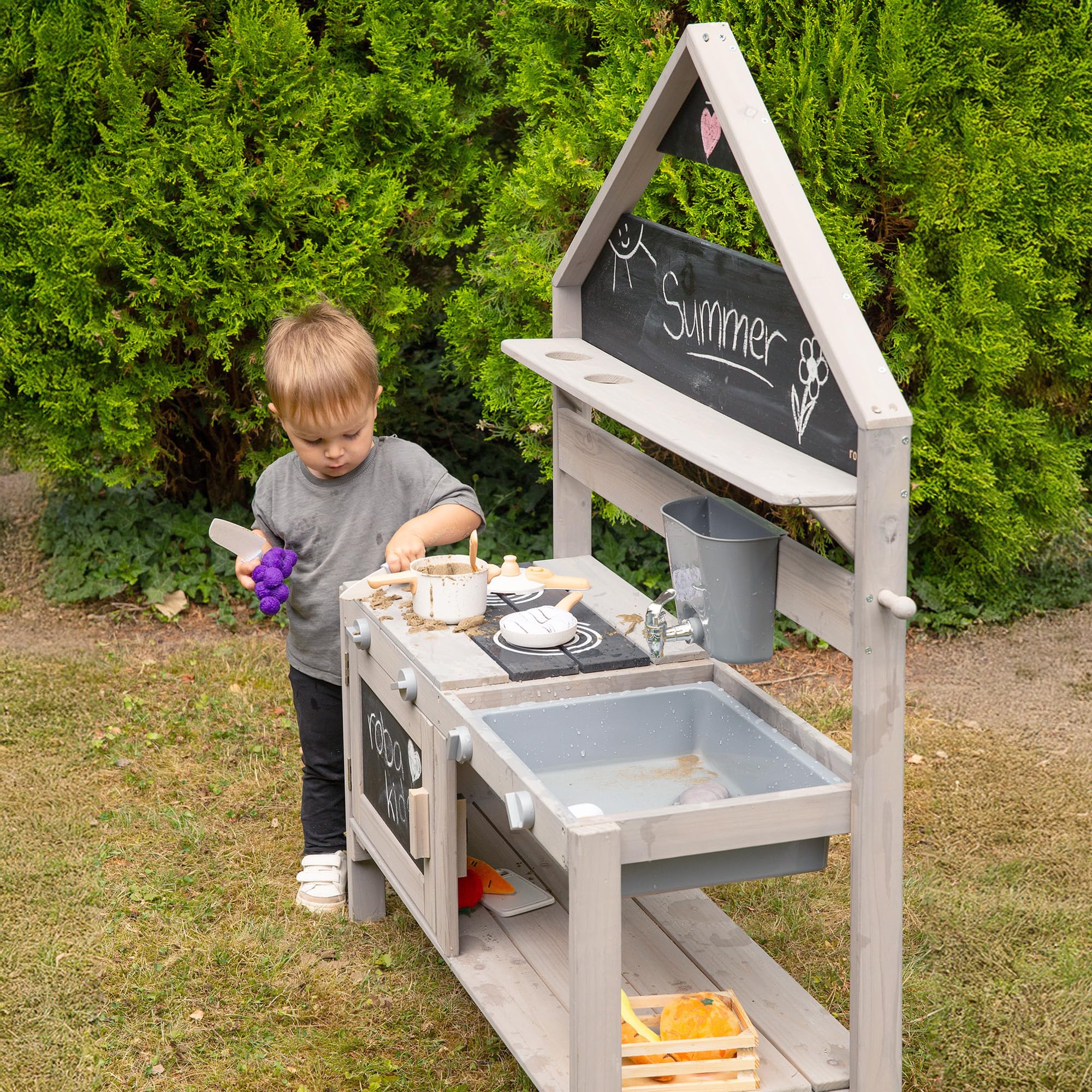 roba Cocina para Niños con Diseño de Casa - Cocinita de Juego Funcional para Exteriores con Accesorios - Madera Maciza Certificada FSC - Gris Esmaltado