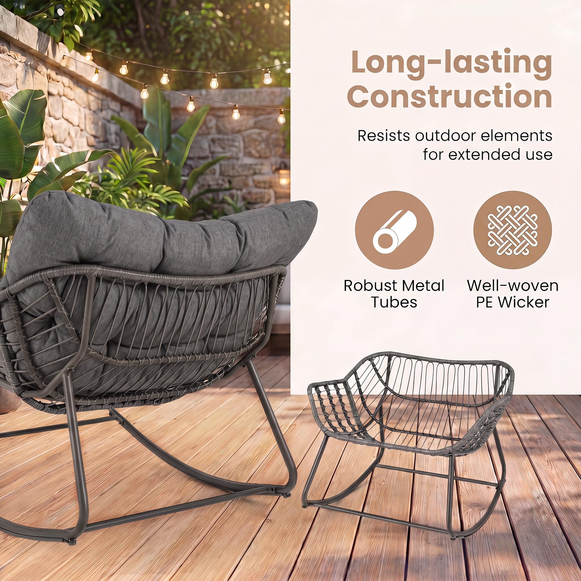 GIANTEX Fauteuil a Bascule avec Repose-Pied, Chaise a Bascule Surdimensionné avec Assise en Rotin PE, Coussin Amovible Rembourré, Cadre Métallique Robuste, pour Salon, Balcon, Jardin (Gris)