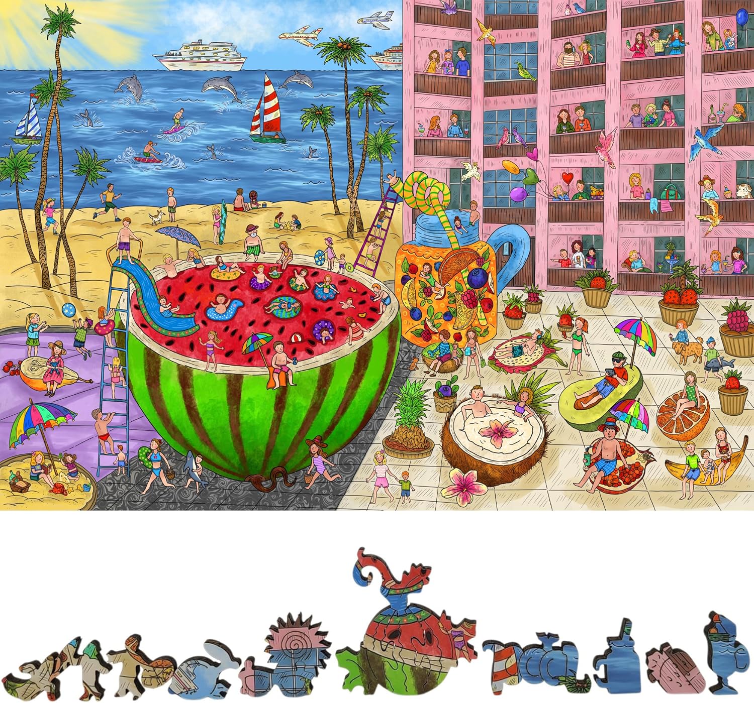 Wooden Puzzle for Adults - Uniquely Shaped Pieces - Made in The USA by FoxSmartBox - 480 Pieces - The Watermelon Pool