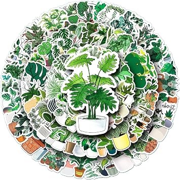 Green Plant Stickers 100 Pack - Waterproof Laptop & Phone Stickers, Skateboard & Scrapbook Decals - Botanical Designs for Teens & Adults