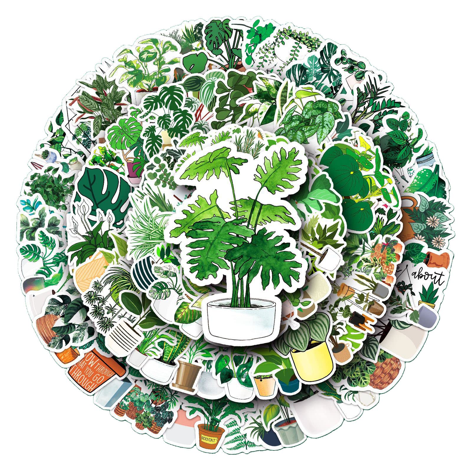 Green Plant Stickers 100 Pack - Waterproof Laptop & Phone Stickers, Skateboard & Scrapbook Decals - Botanical Designs for Teens & Adults
