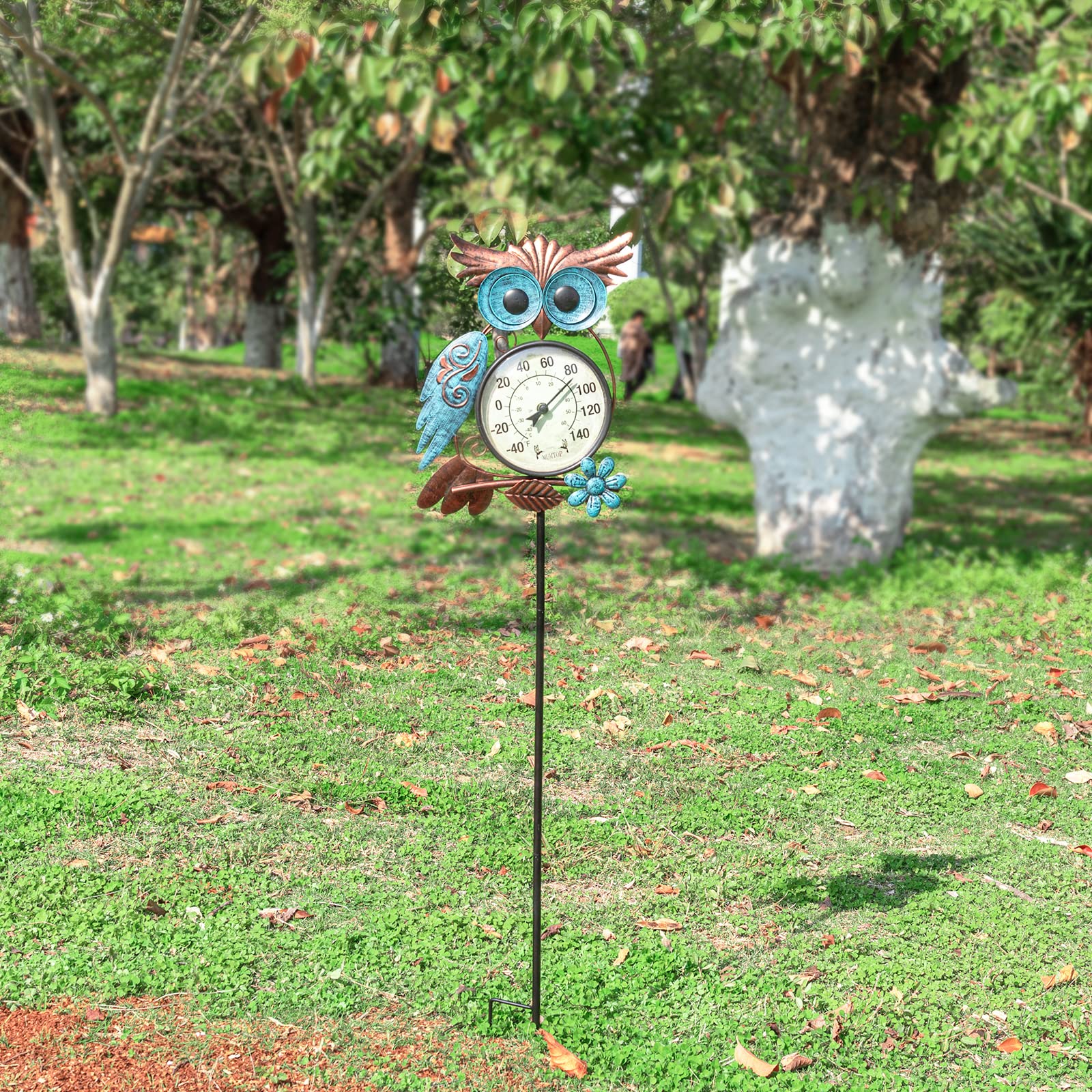MUMTOP Outdoor Thermometer, 42 Inch Metal Owl Garden Stake Outside Wall Thermometer for Patio, Yard and Garden