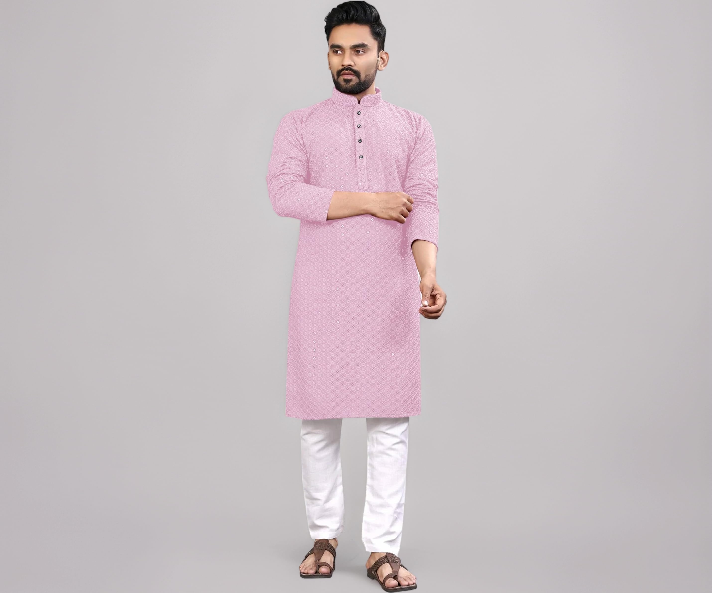Trustous Men's Indian Ethnic Wear Straight Lucknowi Kurta