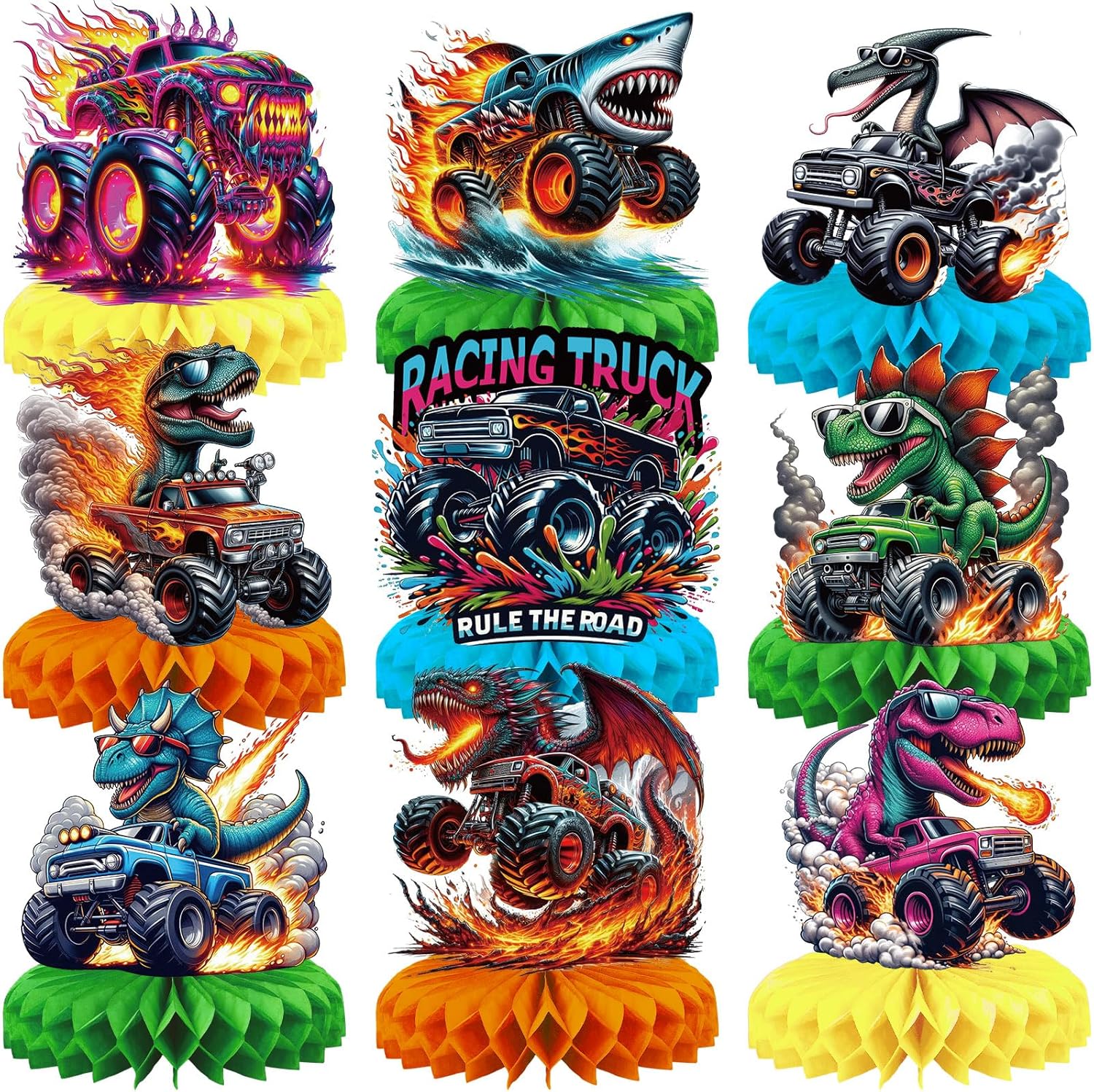 Dinosaur Truck Table Decorations Vehicle Honeycomb Centerpiece 9 Designs Car Tabletop Centerpiece Ornament for Birthday Home Party Table Decor