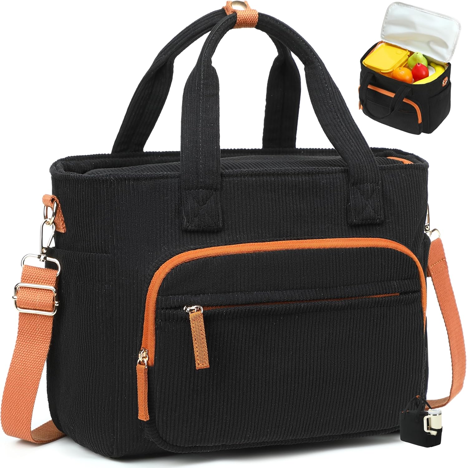 Bluboon Insulated Lunch Bag for Women, Stylish Corduroy Lunch Tote with Bottle Holder, Fits 40oz Tumbler, Leakproof Large Capacity Lunch Bag with Shoulder Strap for Work, School, Picnic