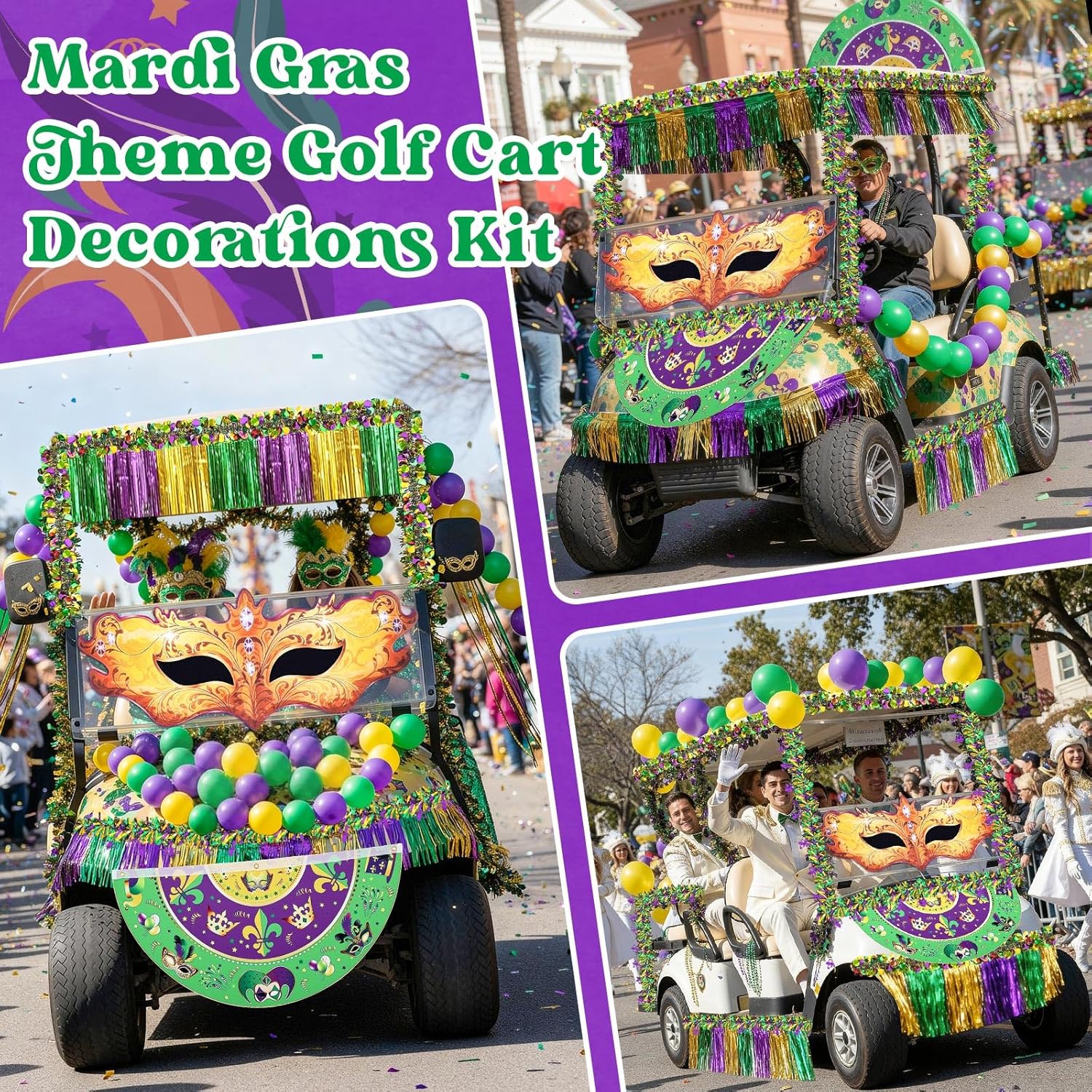 68 Pcs Mardi Gras Golf Cart Parade Float Decoration Kit 60 Pcs Balloons 4 String Wire Garland 2 Banners Mardi Gras Fan Shaped Hanging Flag Cloth Mask with Flag for Golf Cart Accessories