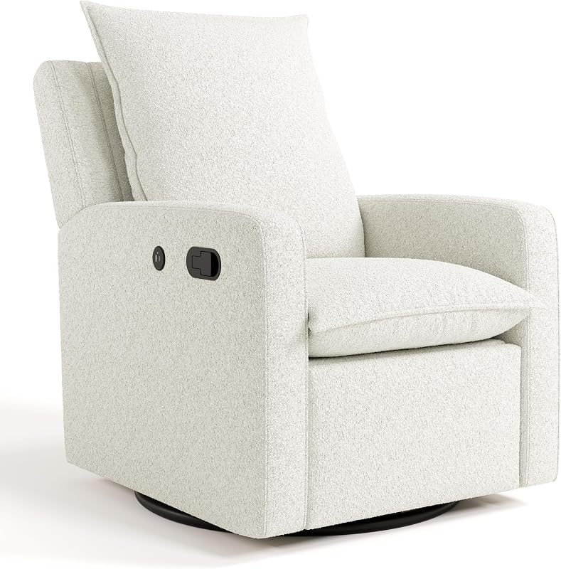 Storkcraft Timeless Recliner Glider with USB Charging Port, Ivory Boucle | USB-C and USB-A Charging Port, 360-Degree Metal Swivel Base, Manual Extending Foot Rest, Glider Rocking Chair