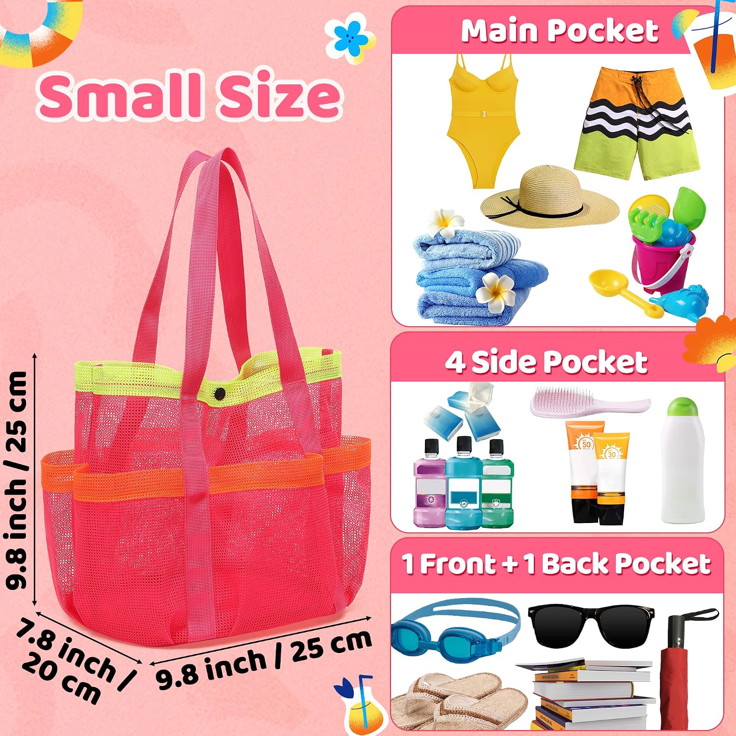 Mesh Beach Bag, Foldable Waterproof Sandproof Beach Storage Tote with 6 Pockets, Swim Tropical Vacation Pool Essential