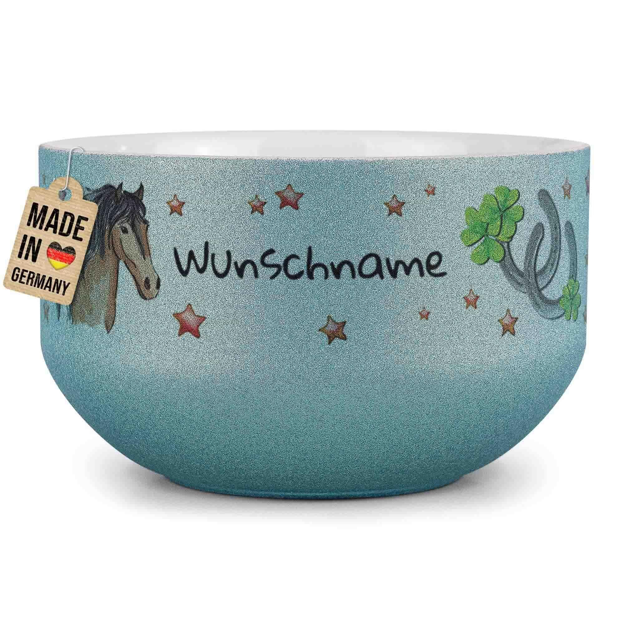 Print Royal PR Kinder-Müslischale mit Name personalisiert - Pferd - Geschenk für Mädchen und Jungen, Kindertag, Weihnachten, Geburtstag - Keramik Schüssel Blau, 500 ml