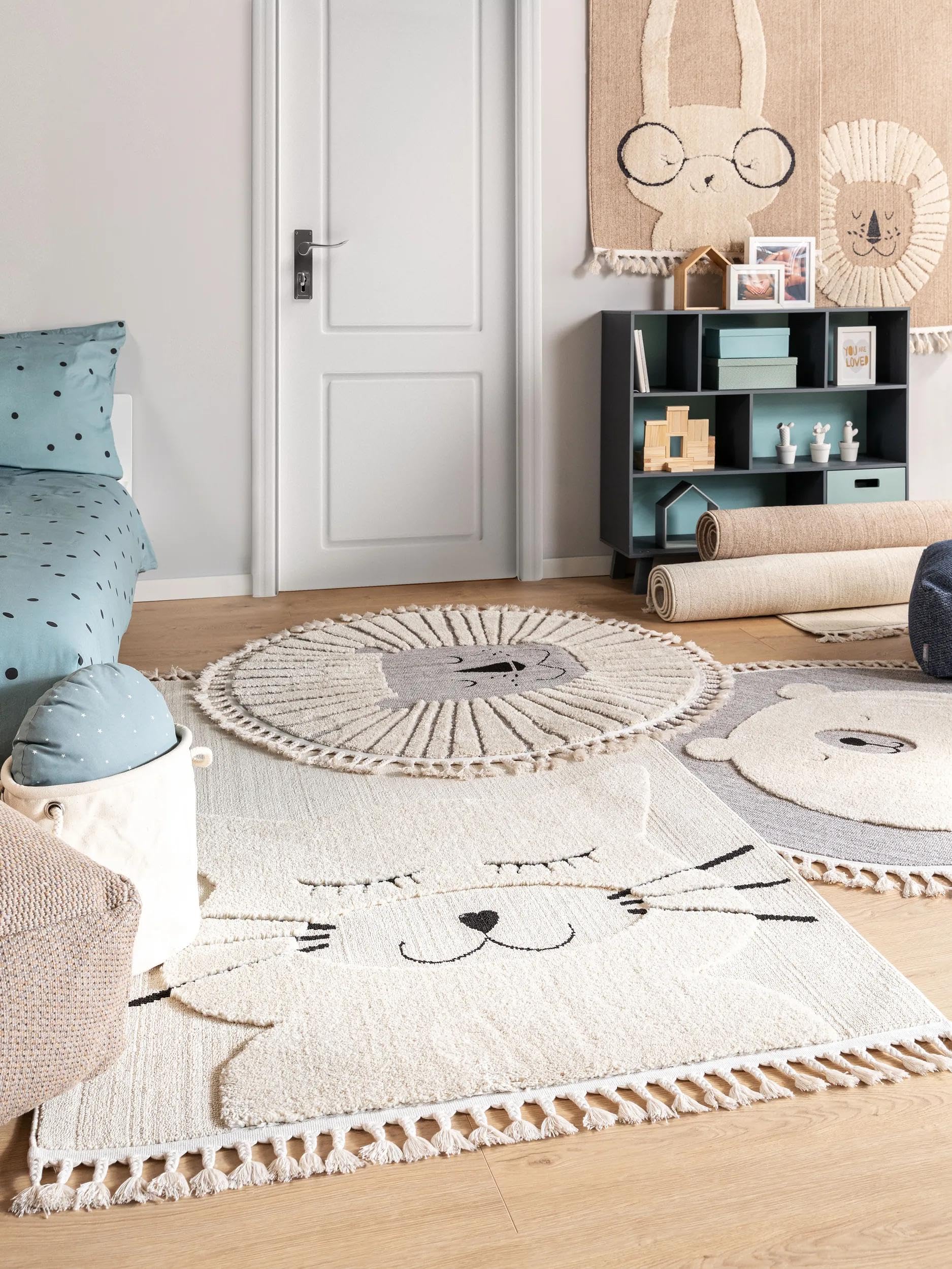 benuta lytte Tapis pour enfant Momo - Fibre synthétique - Rond et style : motifs d'animaux - Facile d'entretien pour chambre d'enfant, crème, Ø 120 cm rond