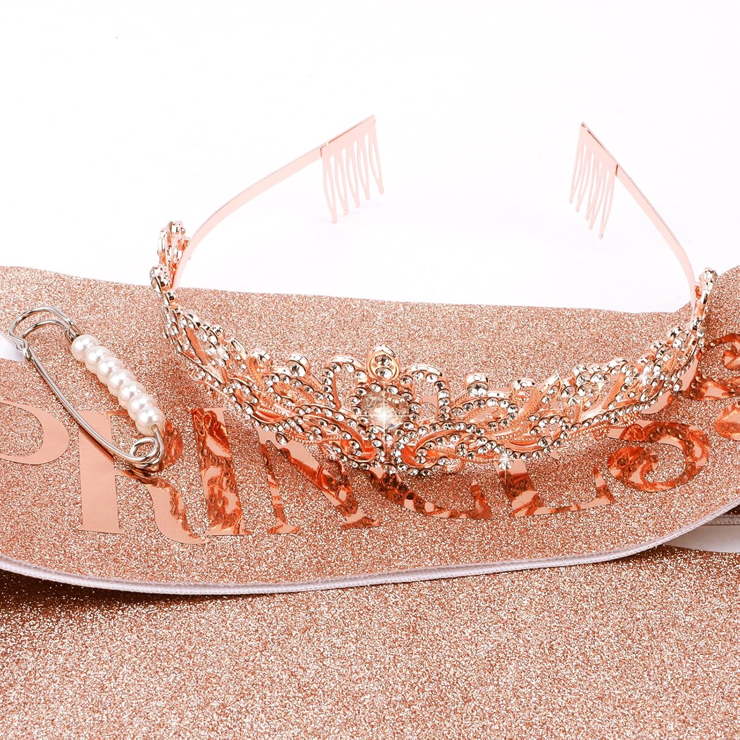 CIEHER Princess Crown and Birthday Sash Set - Tiara for Women, Girls Birthday Decorations and Gifts - Rose Gold - Image 8