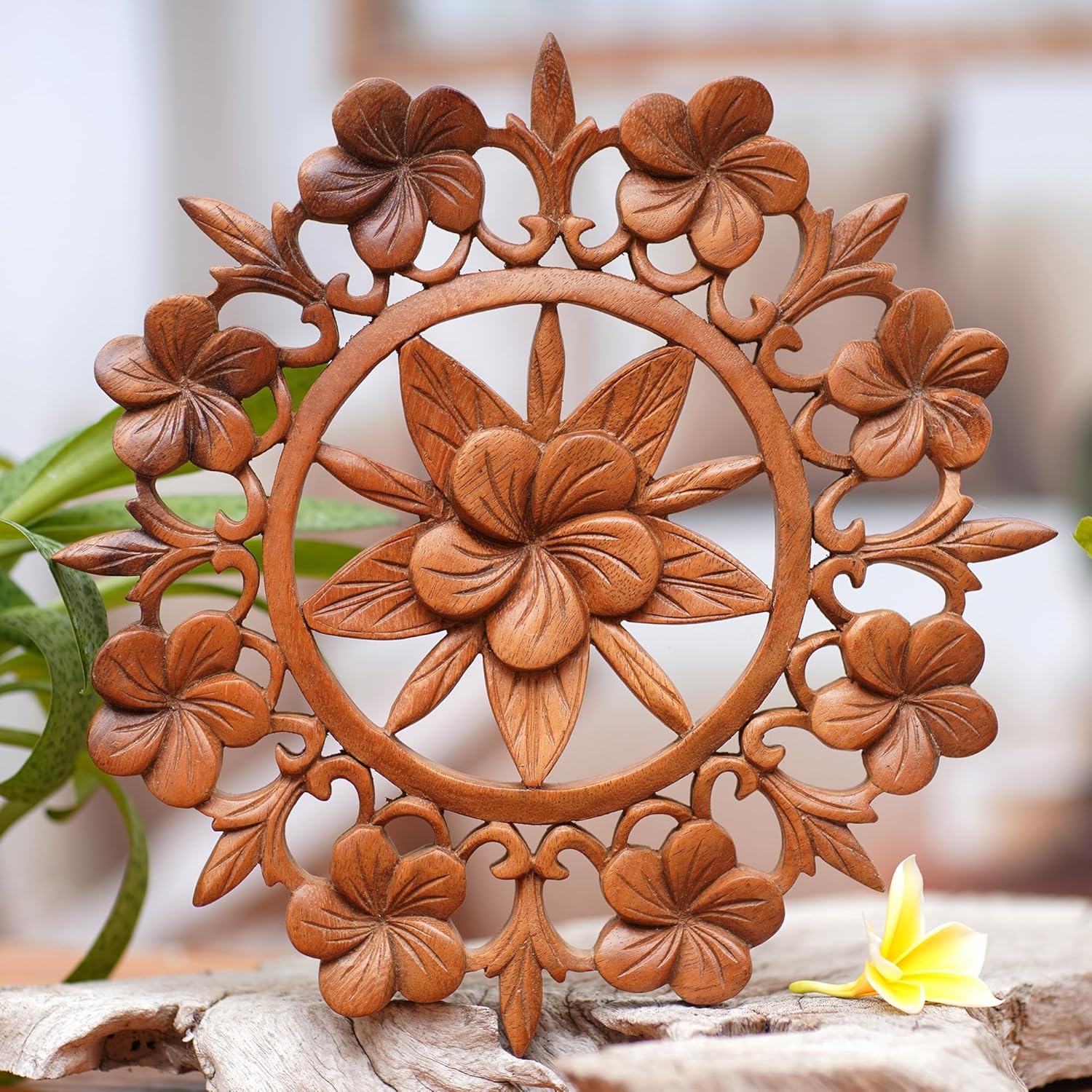 NOVICA Floral Wood Wall Sculpture, Brown, 'Jepun Bouquet'