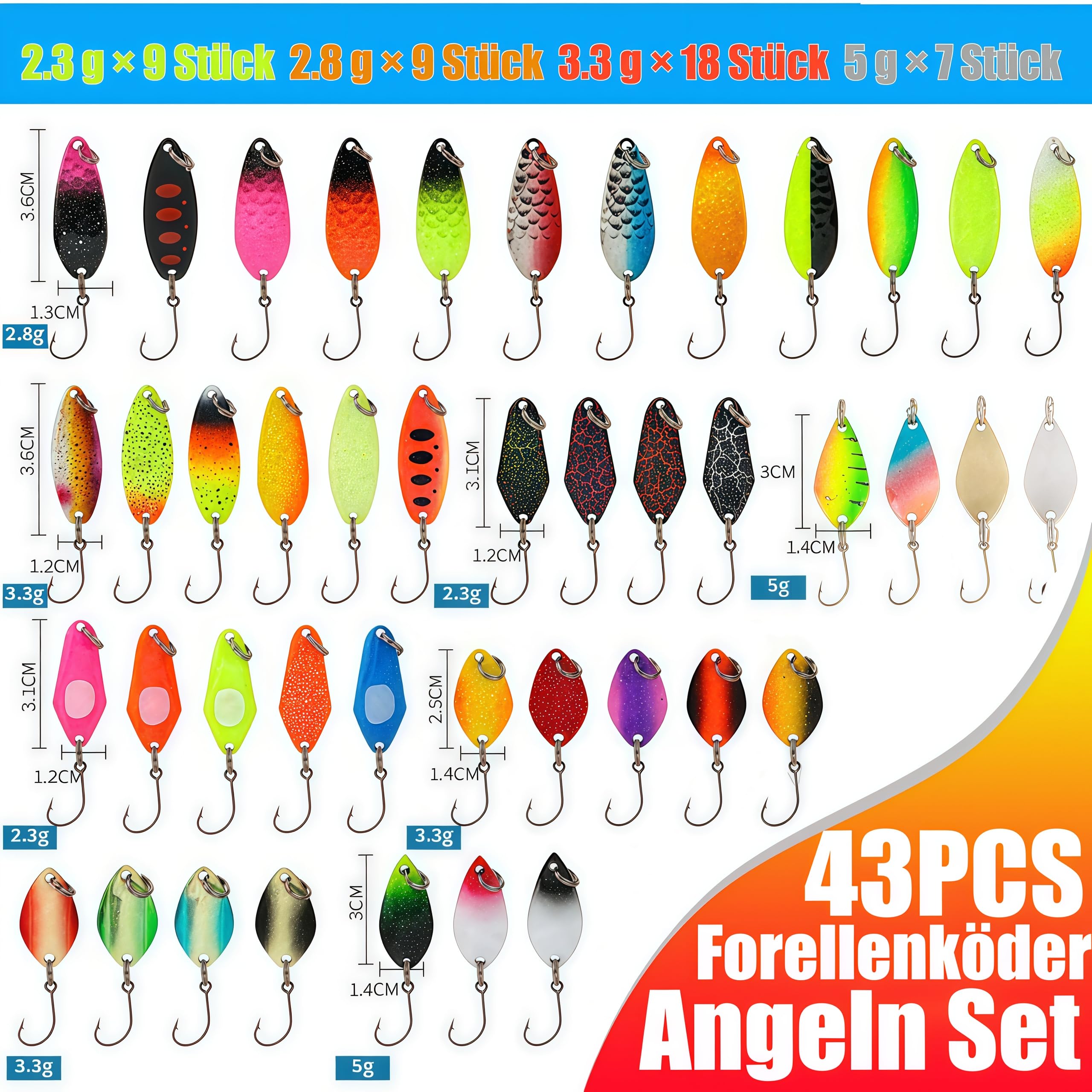 43 Stück Forellenköder, Spoons Forelle Blinker Angeln Set, Spinner Blinker Angeln Forellen Köder Forellen Spoon Set für Barsch, Zander, Hecht, Forelle, 2.3g/2.8g/3.3g/5g angelzubehör - 3