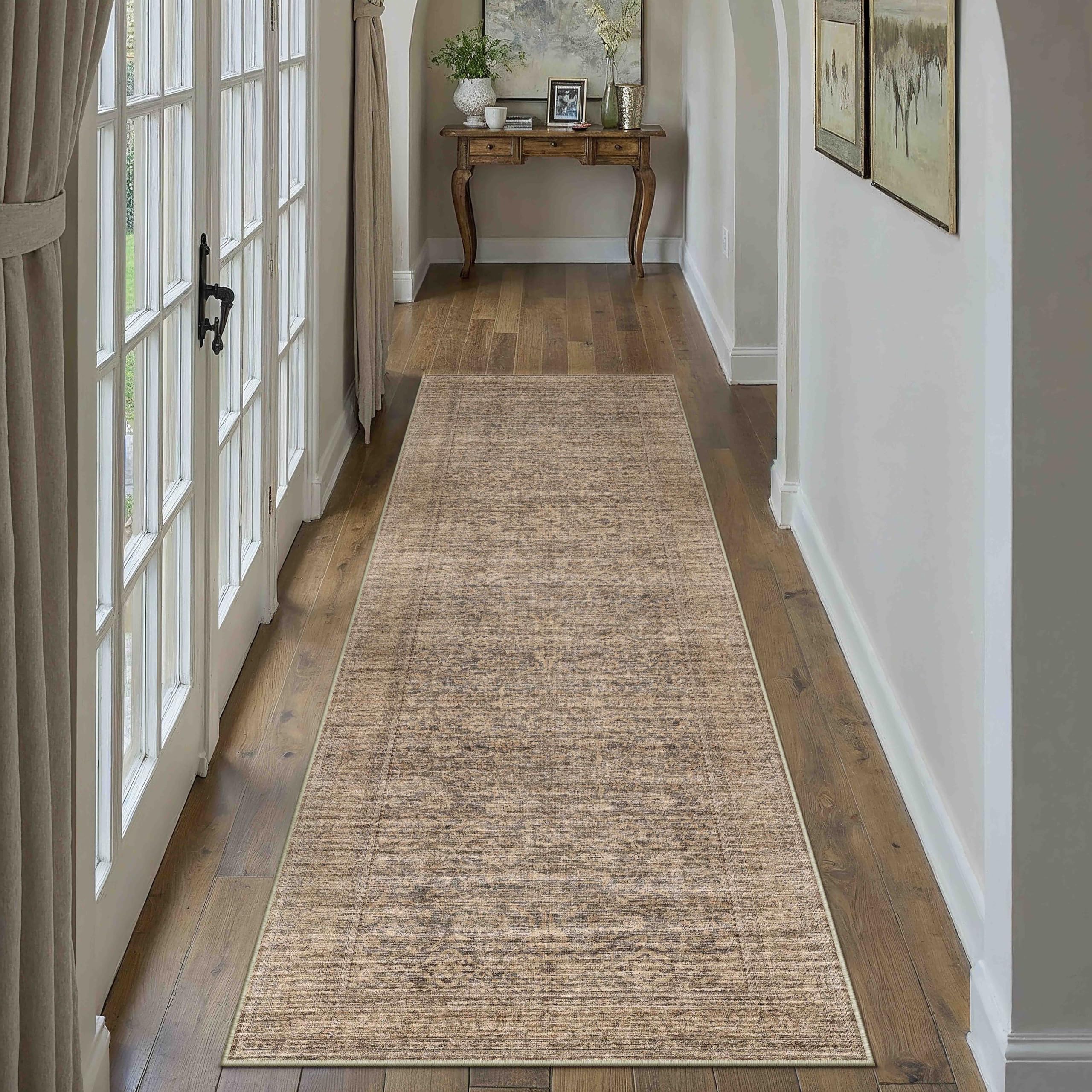 PureCozy 2x8 Runner Rug Brown Machine Washable Hallway Kitchen Vintage Distressed Non Slip Carpet Indoor Small Long Low Pile Thin Bedroom Bathroom Retro Accent Throw Rug Laundry Living Room
