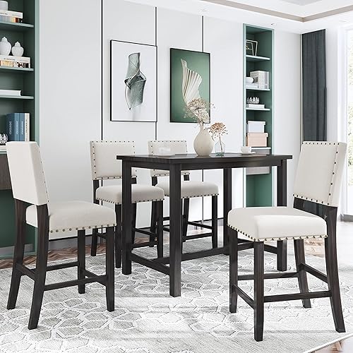 5 Piece Dining Table Set for Small Space, Counter Height Upholstered Kitchen Table Set with 4 Chairs, Modern Table and Chair Set