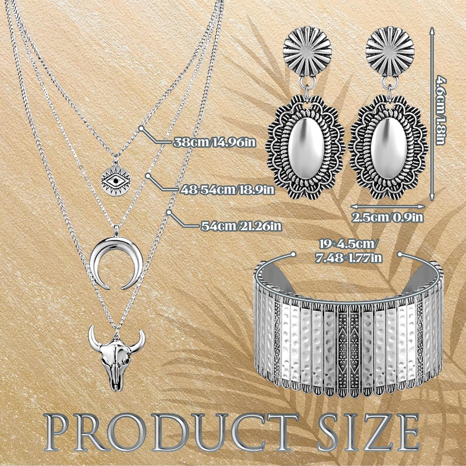 Inbagi 3 Pcs Boho Western Jewelry for Women Layered Necklace Cowboy Cowgirls Western Women's Necklace Silver Bracelet and Dangle Earrings - Image 3