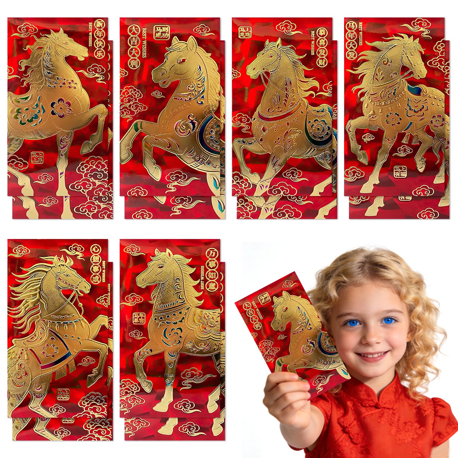 12 PCS Red Envelopes Chinese New Year 2026, Chinese New Year Res Packet, Red Racket, with Unique Gold Horse Patterns for Lunar Spring Festival Wealth Health Success Good Luck