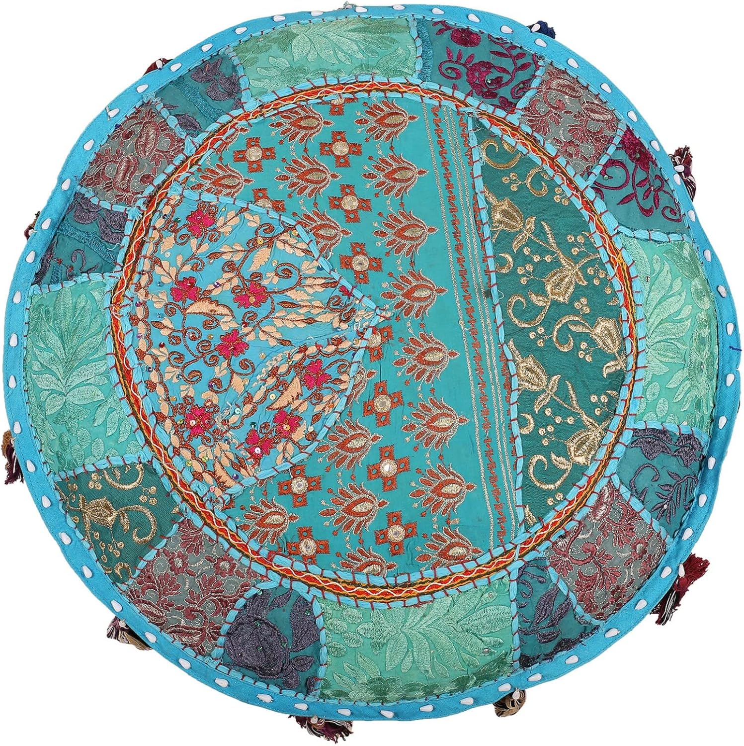 Turquoise Ottomans Pouf Cover Bohemian Cotton Round Floor Pillow Handmade Meditation Pouf Cover Hippie Pouffe Footstool Pouf
