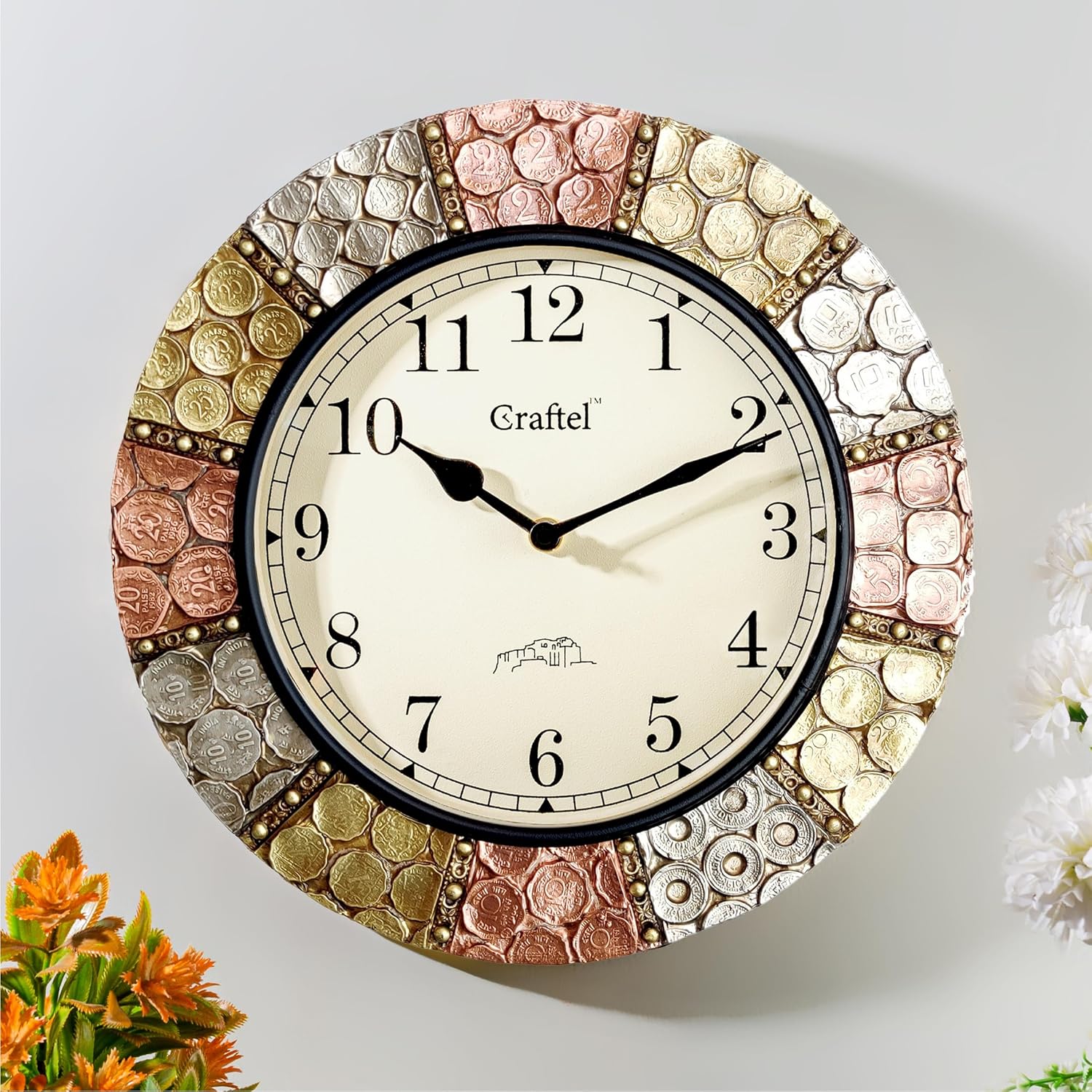 Wooden Wall Clock for Home Décor | Analog Round Wall Clock with Glass | Antique Coin Studded Brass Finish Diwar Ghadi | Decorative Hanging Clocks for Living Room Office and Bedroom, 30 x 30 cm