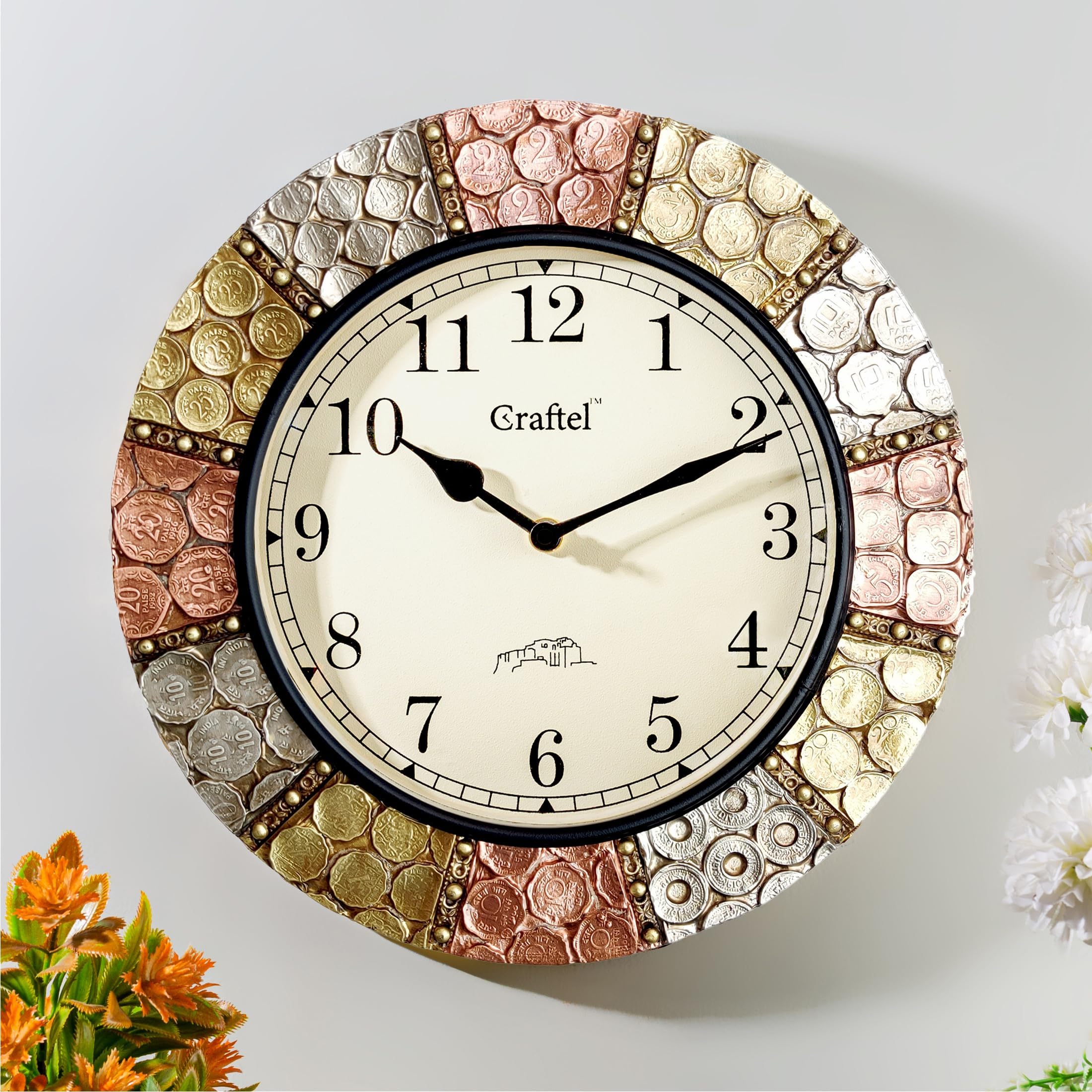 Craftel Wooden Wall Clock for Home Décor | Analog Round Wall Clock with Glass | Antique Coin Studded Brass Finish Diwar Ghadi | Decorative Hanging Clocks for Living Room Office and Bedroom, 30 x 30 cm