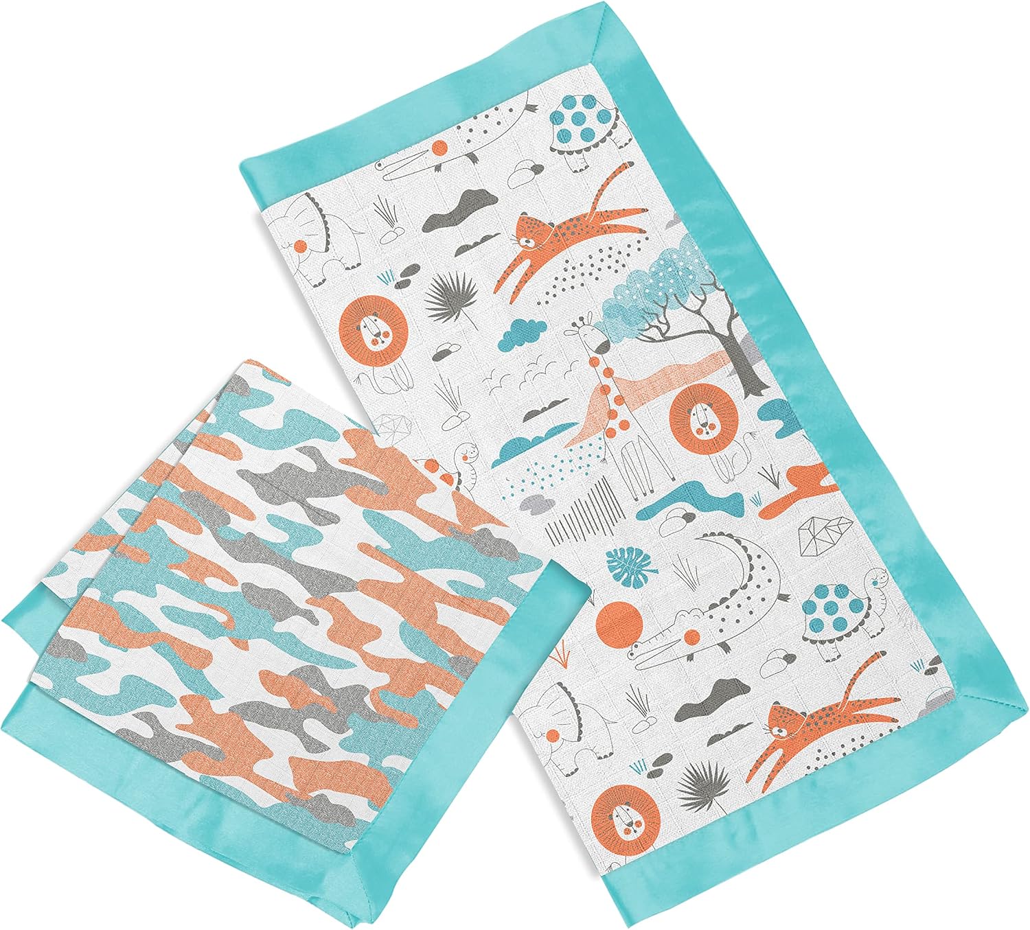 Bacati - Muslin 2 Pack Security Blankets Jungle Safari (Aqua/Orange/Gray)