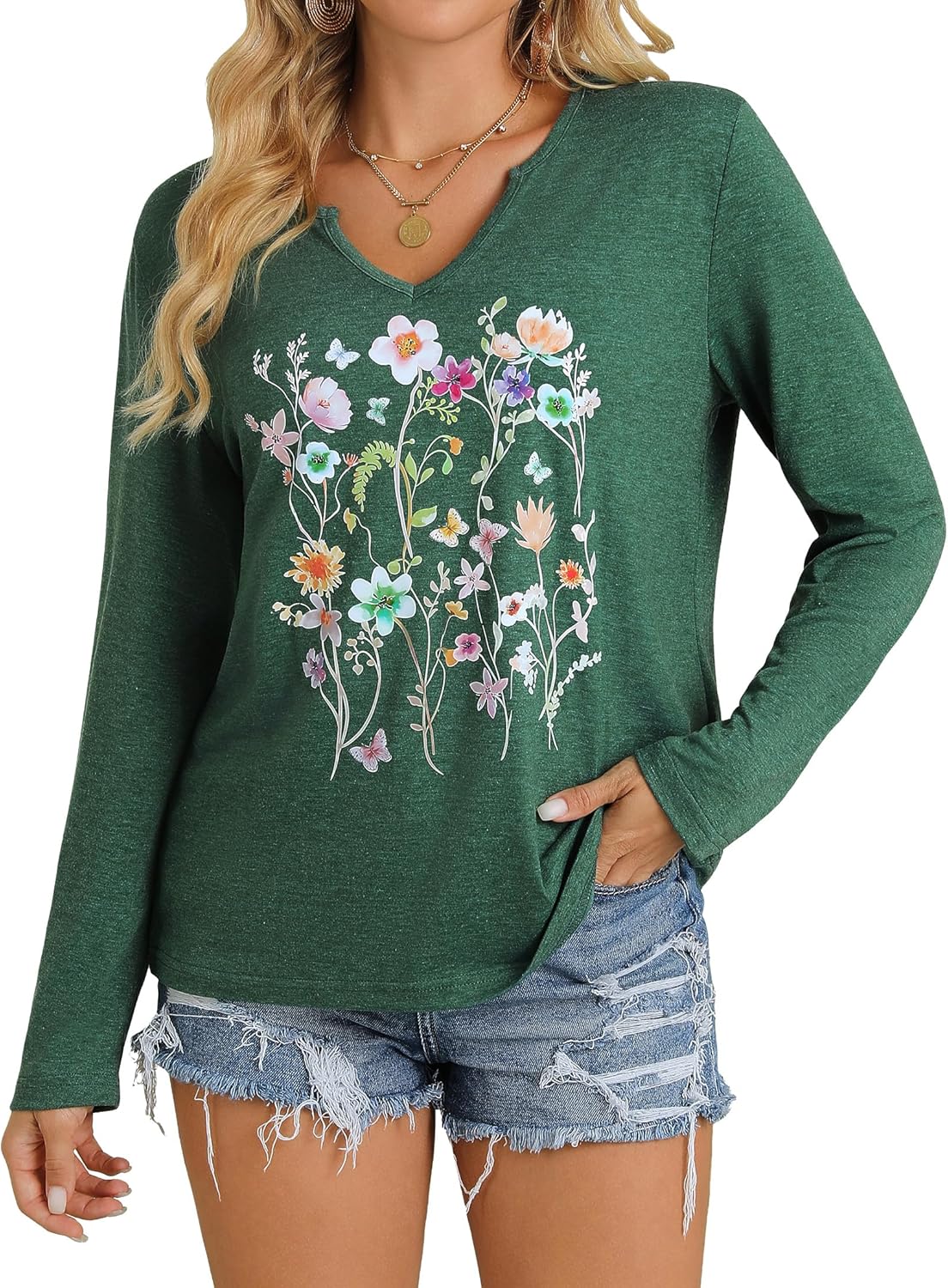 Womens Vintage Floral V Neck Shirts Boho Wildflowers Graphic Long Sleeve T-Shirts Cute Loose Casual Tee Tops - Image 3