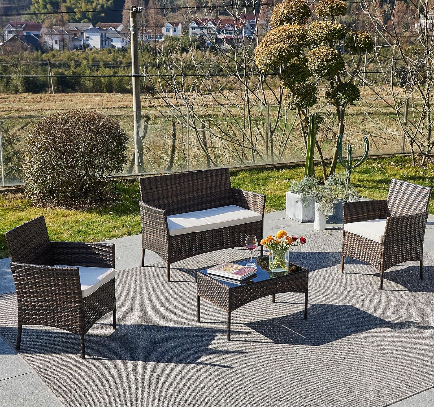 Outdoor Patio Furniture Set, 4 Piece Outdoor Rattan Chair