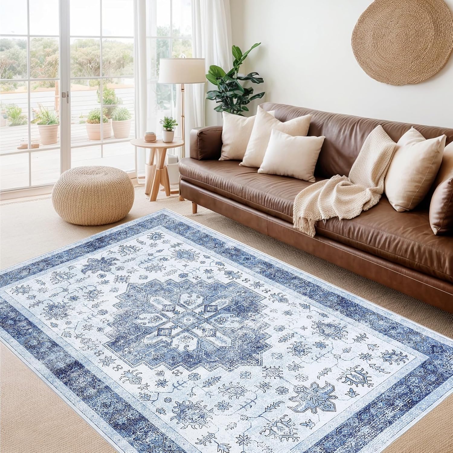 GarveeHome Large Living Room Area Rug 10x13 Washable Vintage Rugs, Soft Indoor Floral Stain Resistant Non Slip Ultra-Thin Carpet for Bedroom, Dining Room, Blue White