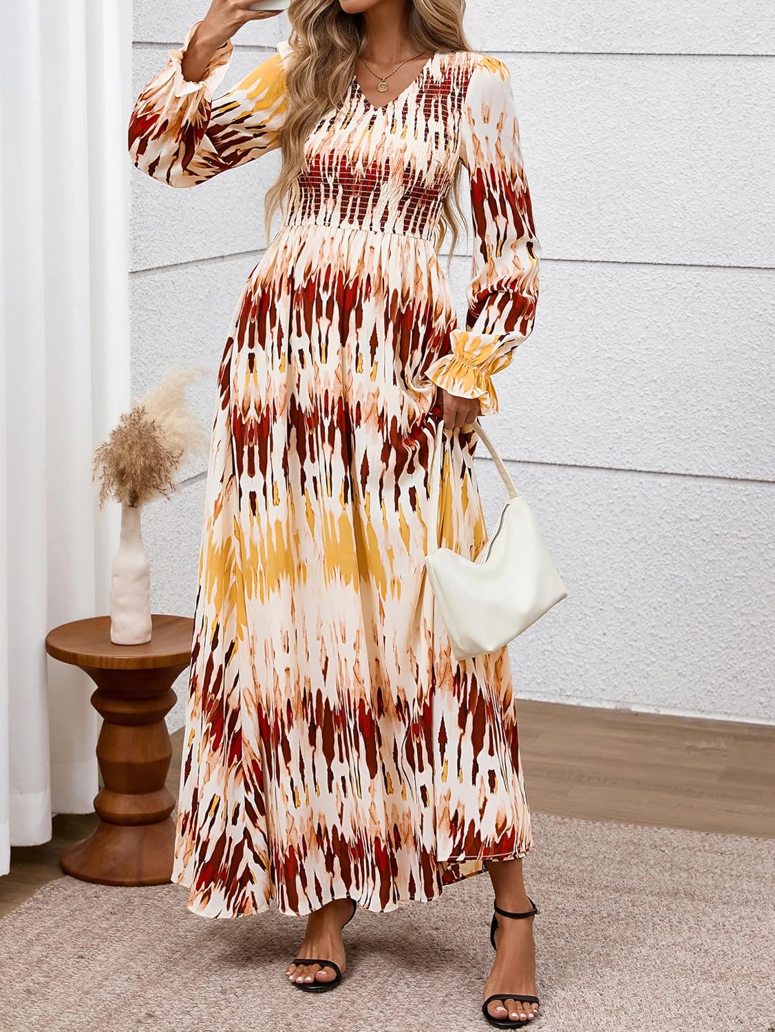 MASCOMODA Womens 2025 Fall Long Sleeve Floral Maxi Dress Casual Smocked V Neck Boho A Line Flowy Long Wedding Guest Dresses - Image 3