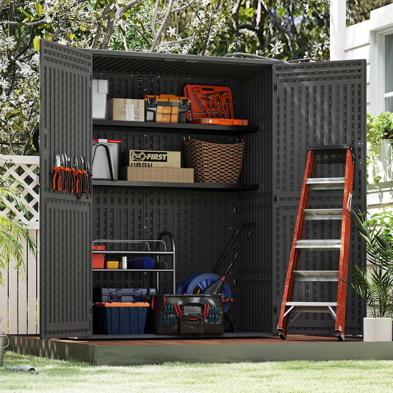 EHHLY Vertical Resin Storage Shed, 60 Cuft Garden Tool Sheds & Outdoor Storage, Plastic Outdoor Storage Cabinet Waterproof, 4.5 x 2.3 ft Backyard Outside Lawn Mower Storage Shed, Grey
