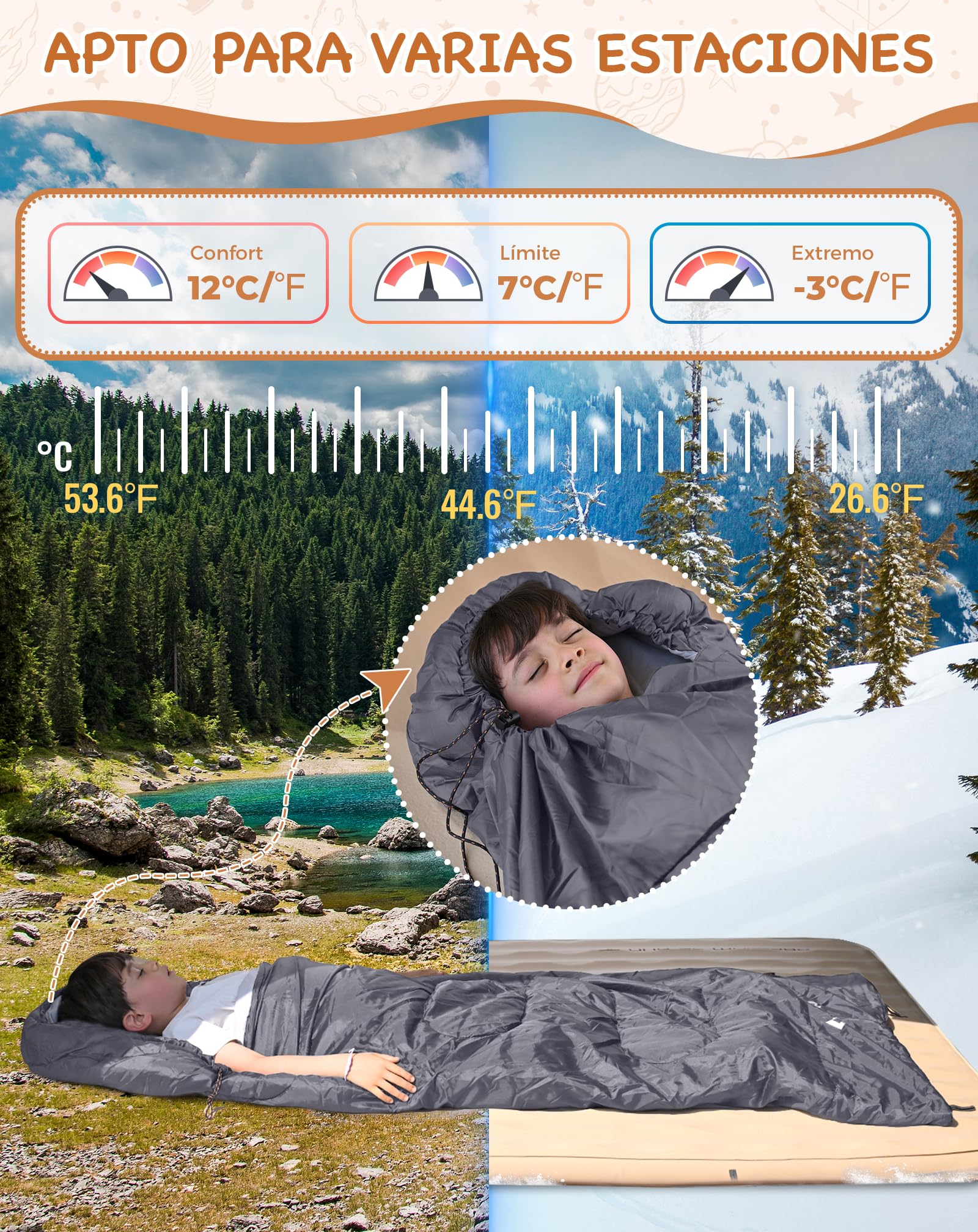 KingCamp Saco de Dormir Oasis 3-4 Estaciones Impermeable y Ligero para Camping (Niños y Adultos) - Conectable Izquierda/Derecha para Saco Doble, Ideal para Viajes y Actividades al Aire Libre