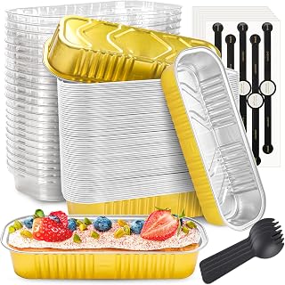 Mini Loaf Pans with Lids and Spoons Rectangular Aluminum Foil Baking Pans Mini Cheesecake Containers 6.8oz(60 Pack, Gold)