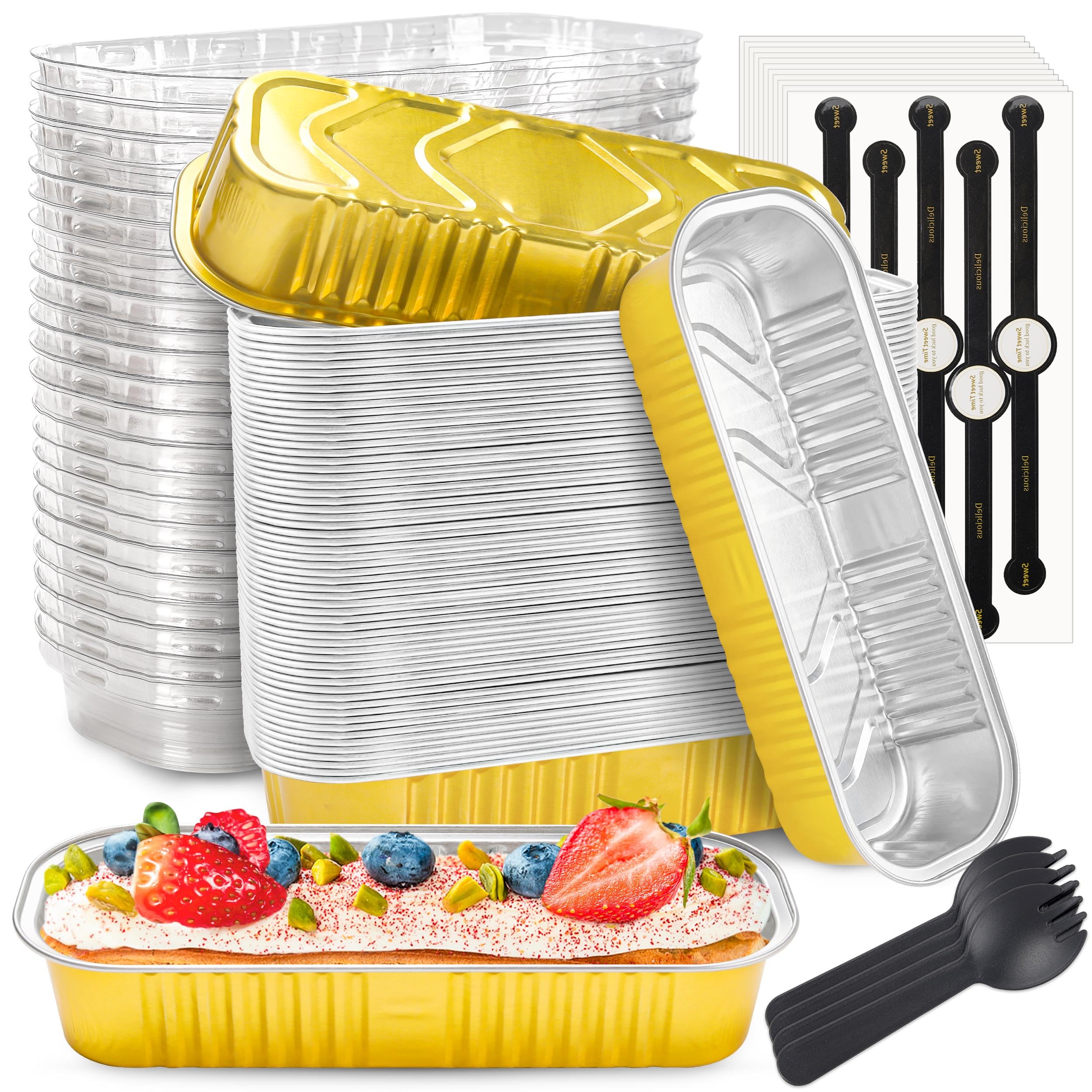 NPLUX Mini moldes para pan con tapas y cucharas rectangulares de aluminio para hornear, mini recipientes para tartas de queso, 6.7 onzas (paquete de 60, dorado)