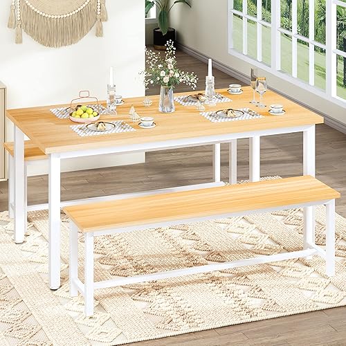 Miniatura 2 de Lamerge Kitchen Table Set with 2 Benches 4 Person Dining Room Table Set for Home Kitchen, Dining Room, Restaurant, Space Saving, Beige, 43.3''L