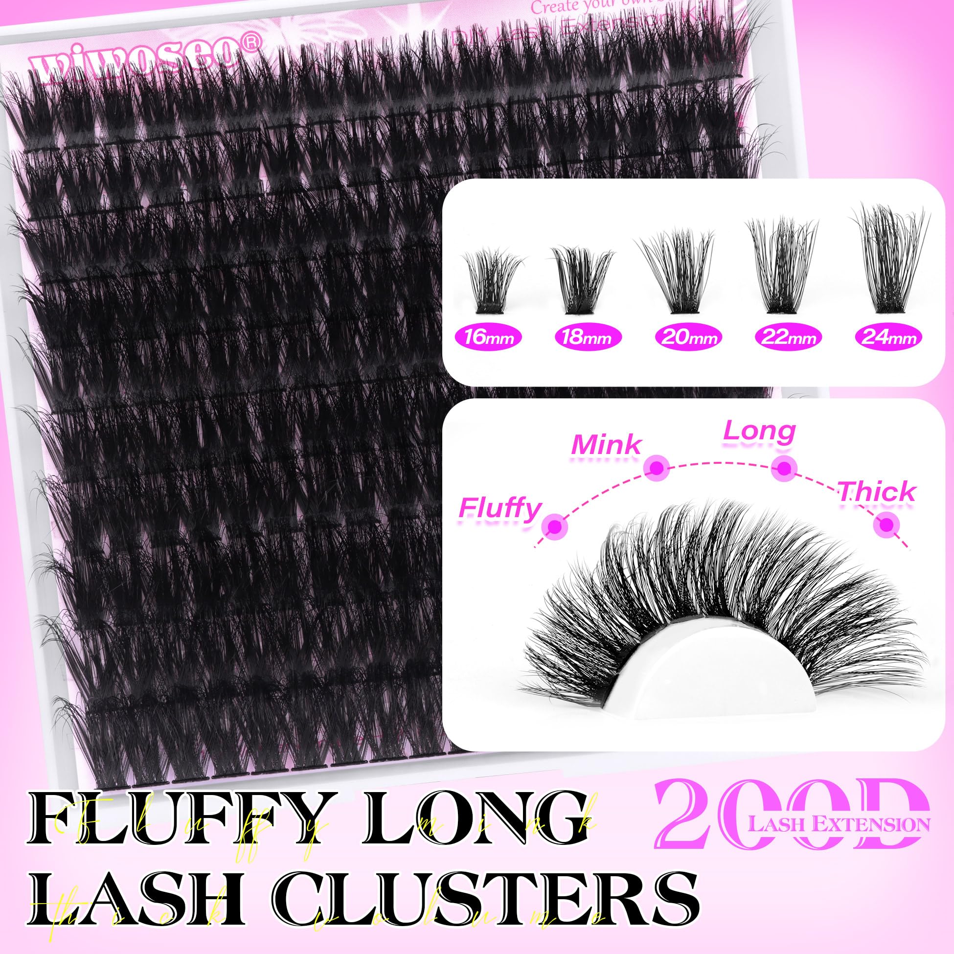 wiwoseo Fluffy Individual Eyelashes Long Cluster Lashes Individual Cluster Thick Eyelash Clusters Fluffy Eyelash Extensions 200D Volume Individual Lashes Clusters 16-24MM Fluffy Lashes for Beginners - Image 2