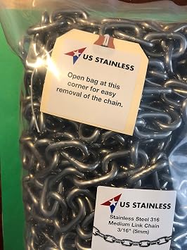 US STAINLESS Stainless Steel 316 Chain 3/16 (5mm) Medium Link Chain 50'
