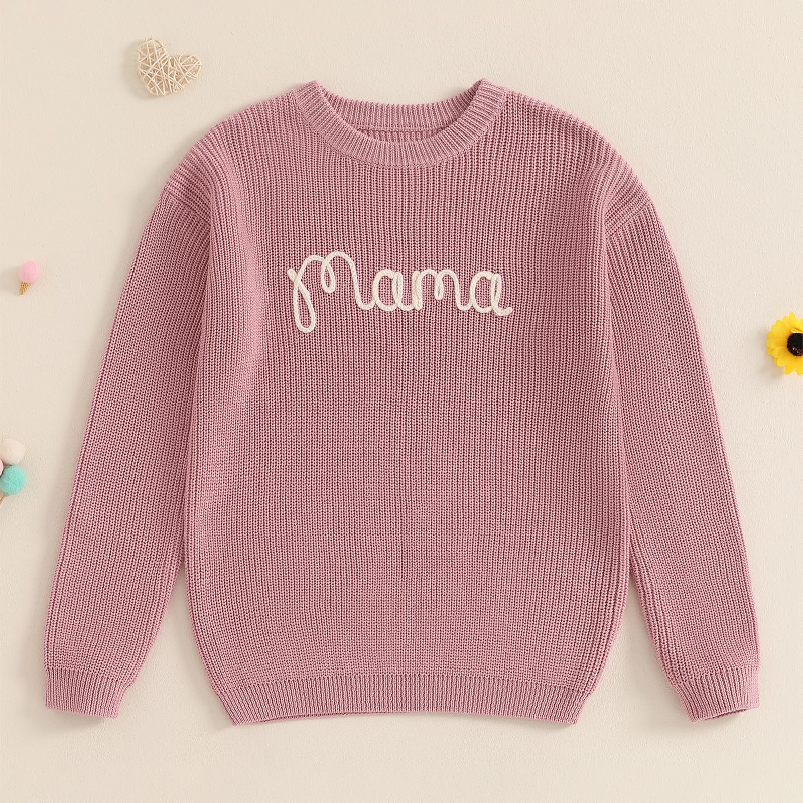 Mommy and Me Matching Outfits Mama and Mini Long Sleeve Crewneck Sweater Pullover Tops Mother Baby Matching Clothes (Women, L, Pink)