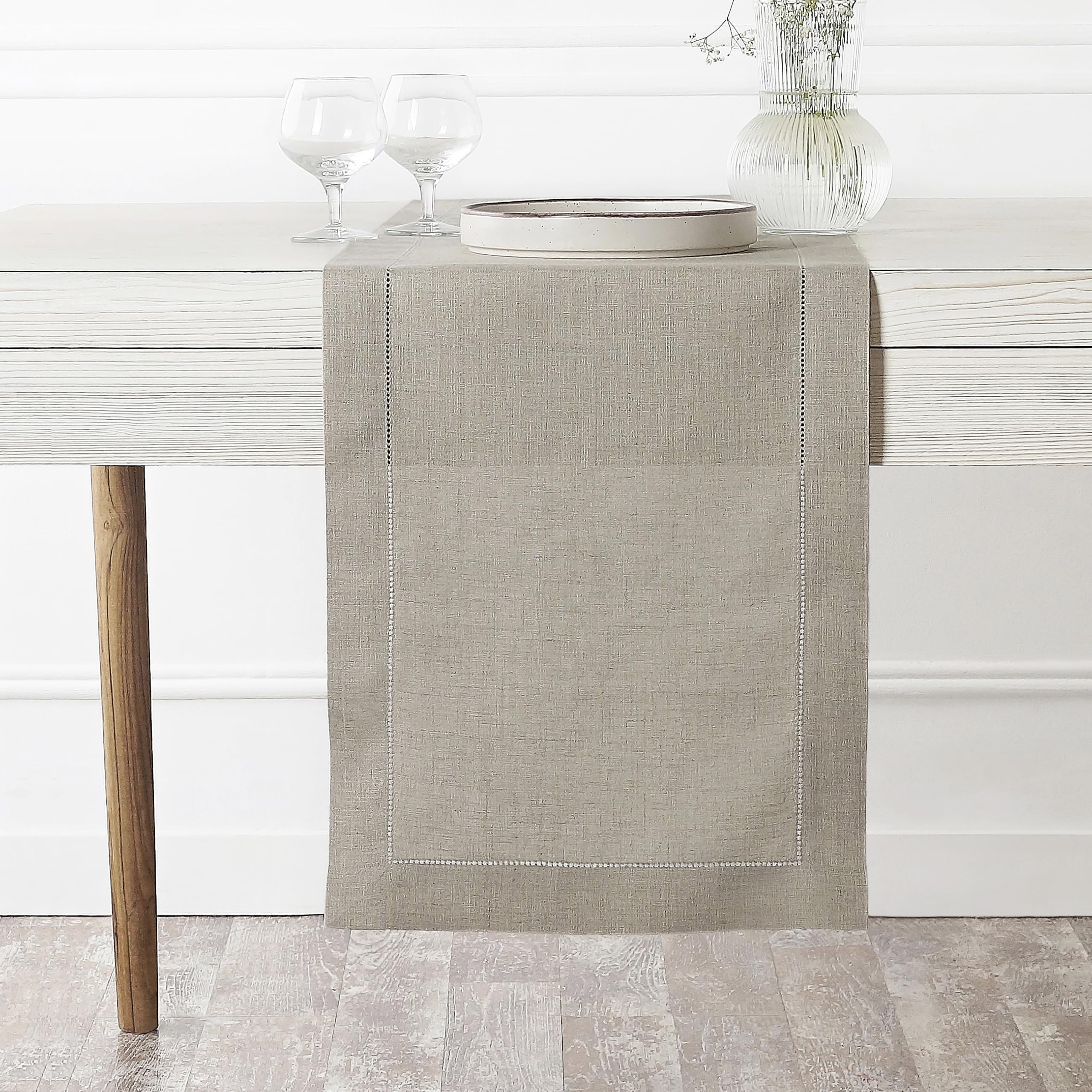 Signature Linen™ by D'Moksha Natural Table Runner, 100% Pure Linen, Hemstitch, 35 x 225 cm Table Runner for Dresser, Dining- Summer, Father's Day