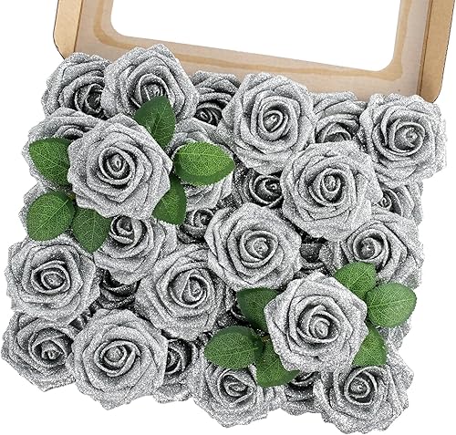 Miniatura 50 de MACTING Flores Artificiales Rosas 30PCS Tacto Real Flores Falsas con Tallo Rosa de Espuma Arcoíris para Bricolaje Ramos de Novia de Boda Centros