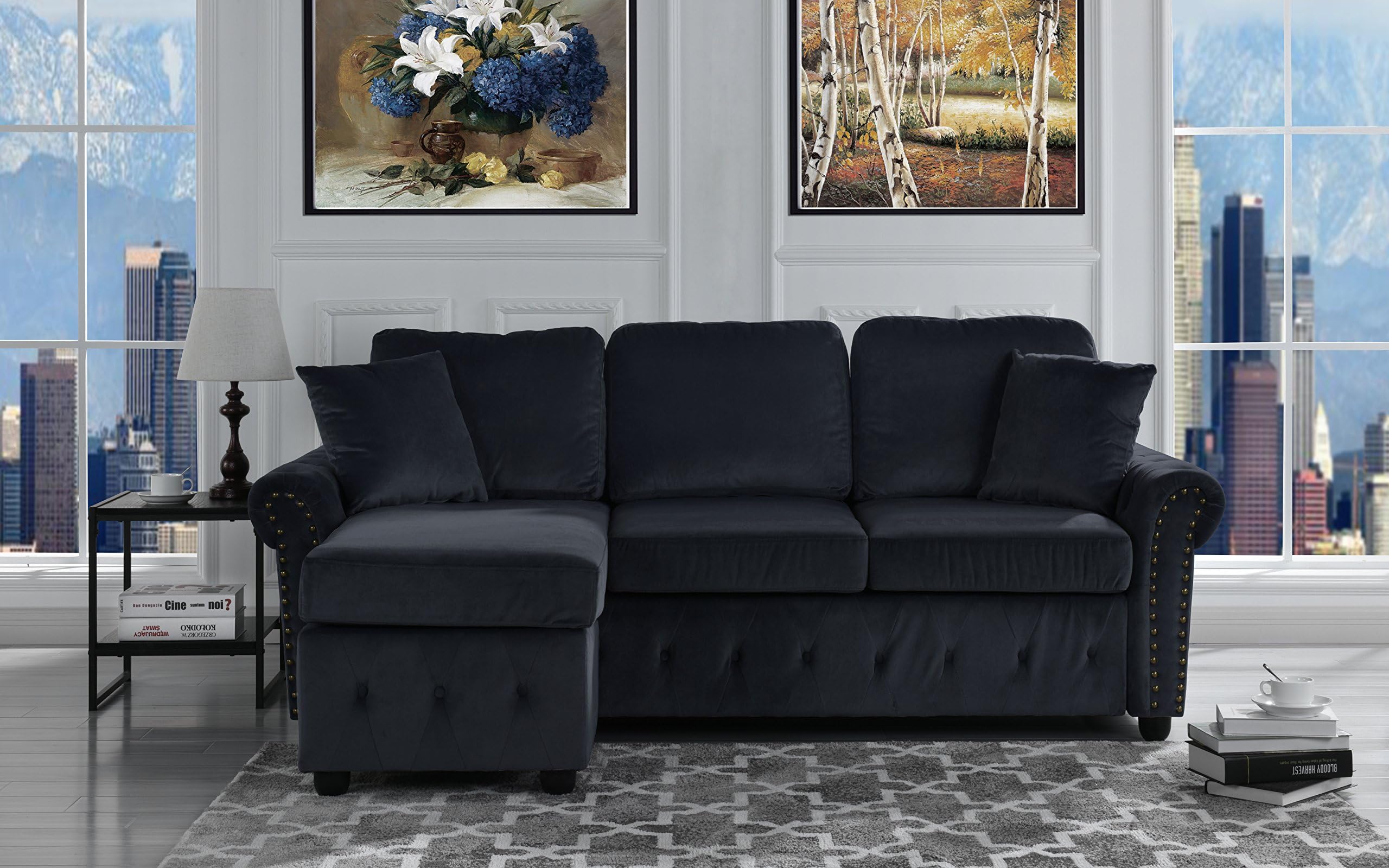 Furniture Mania Classic Small Space Tufted Brush Microfiber Sectional Sofa with Chaise, L Shape Couch (Black)