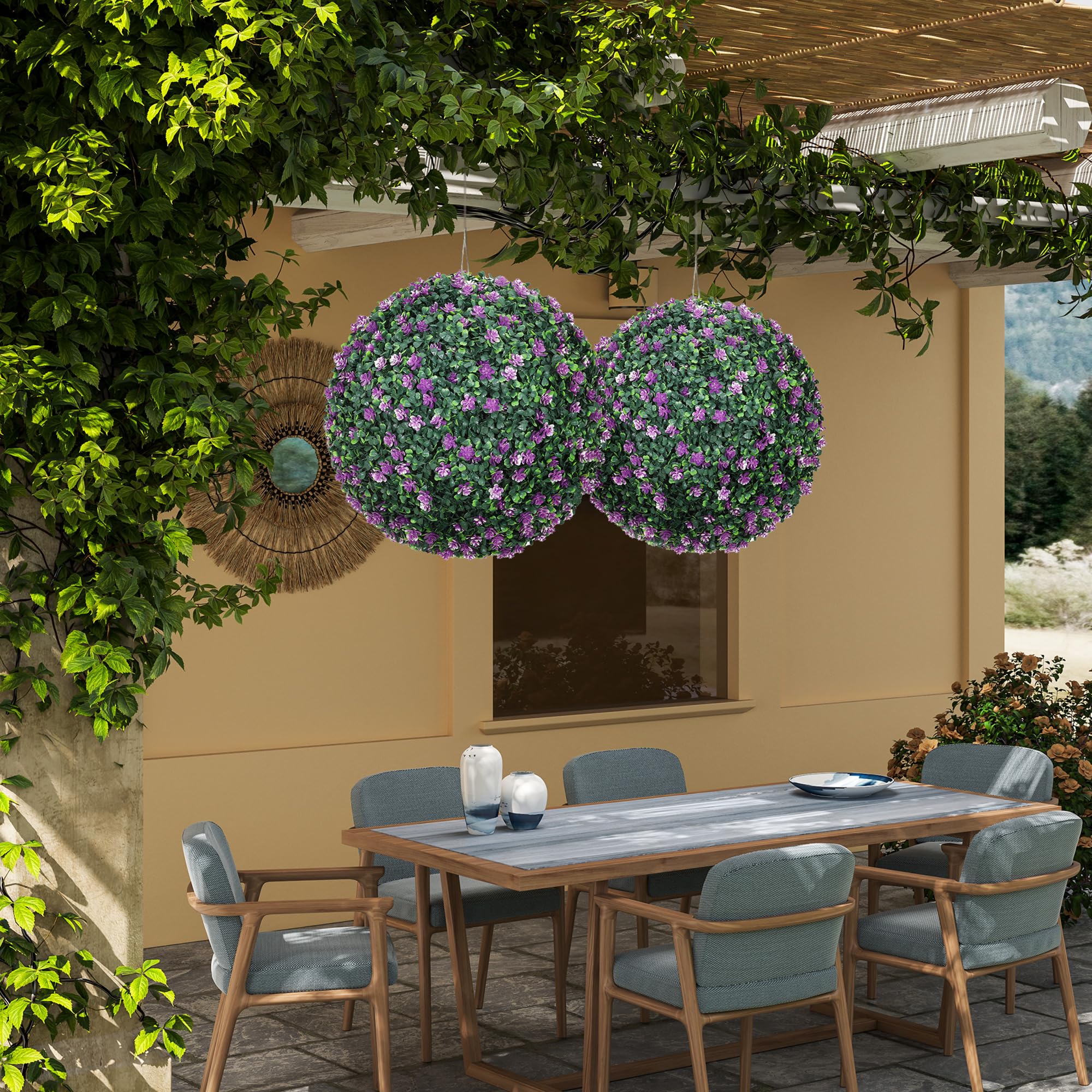 HOMCOM Satz von 2 künstlichen Topiary Kugeln mit Kamelie Blumen, 40cm Faux Buchsbaum Kugeln, hängende Dekoration für Zuhause, Indoor, Outdoor, lila