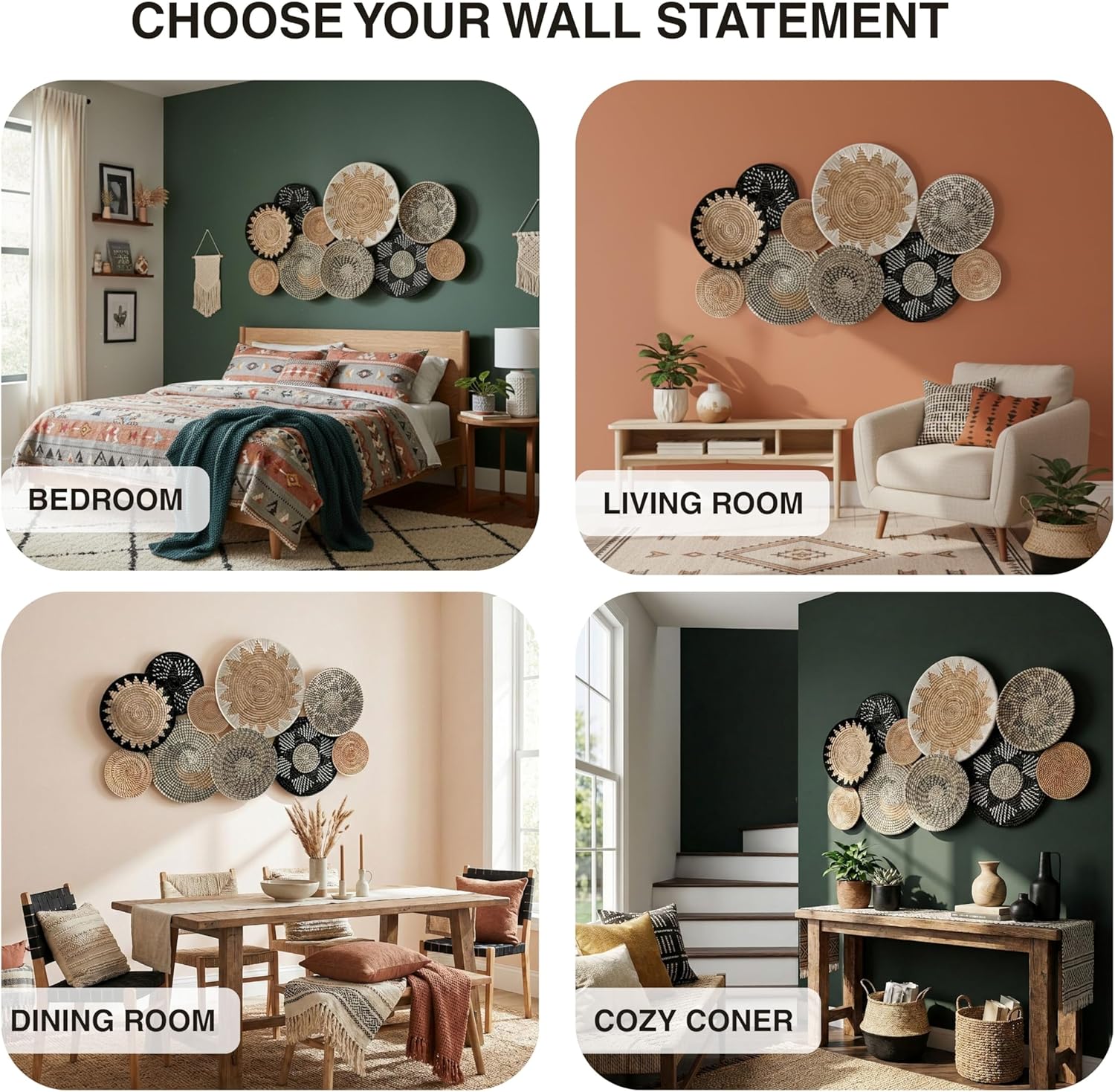 Set of 10 Woven Basket Wall Decor, Decorative Plates for Wall, Unique Wicker Wall Art Decor, Decorative Baskets for Livingroom Bedroom