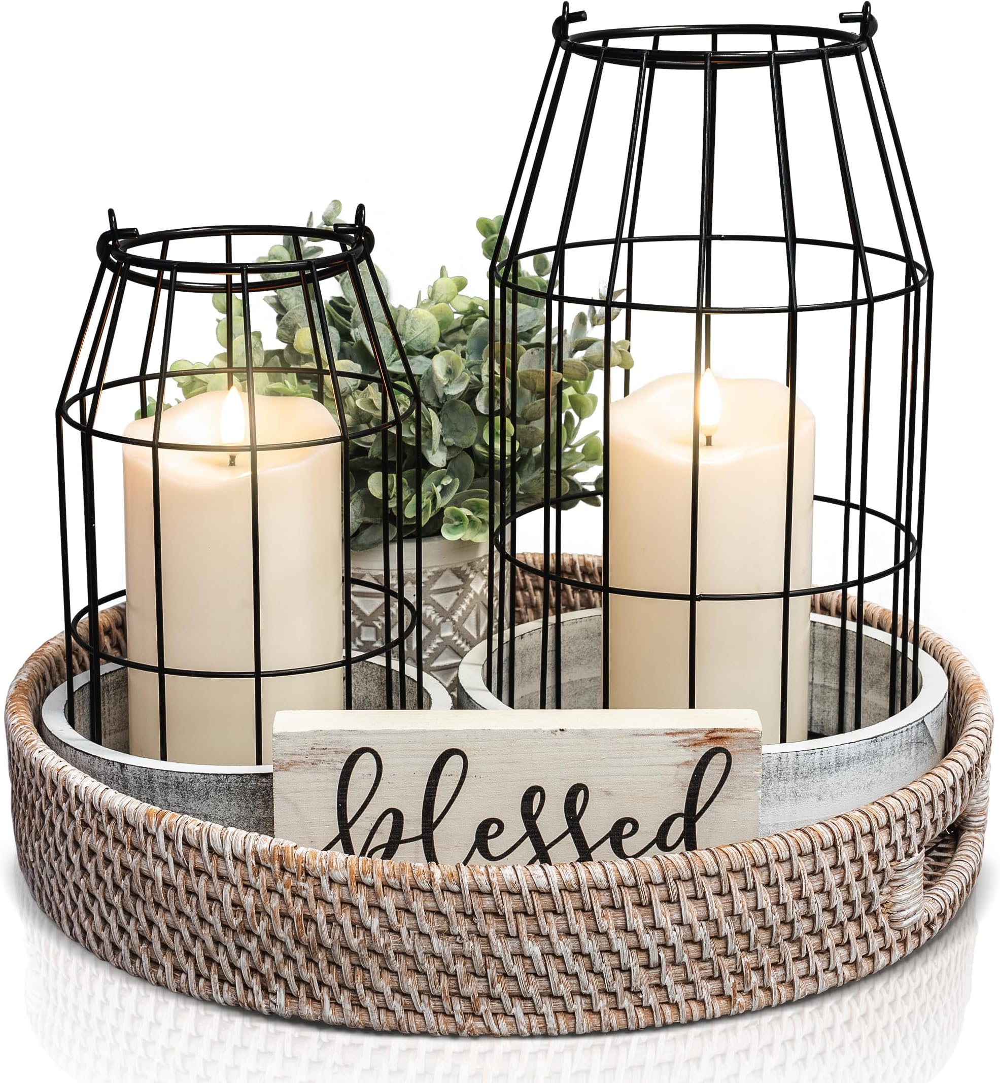 Rustic Farmhouse Lantern Decor Set of 2 - Stylish Decorative Lanterns | Modern Indoor/outdoor Coffee Table Decor for Your Living Room, Patio, Porch, Kitchen Dining Table and Entire Home