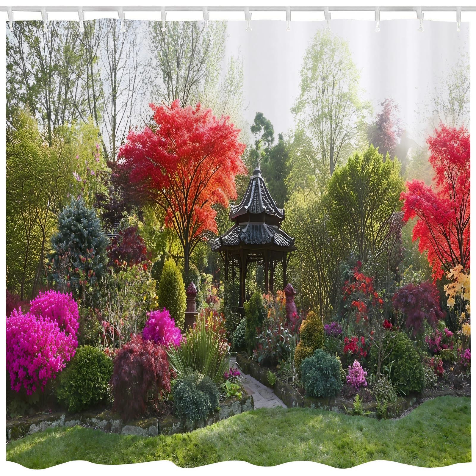 Qucarder Men's 3D Garden Flowers Trees 3D Garden View Flowers Trees Shower Curtain Outdoor Nature Scenery Bath Curtain Waterproof Shower Curtains For Bathroom Decor With 12 Hooks 60X72 Inch