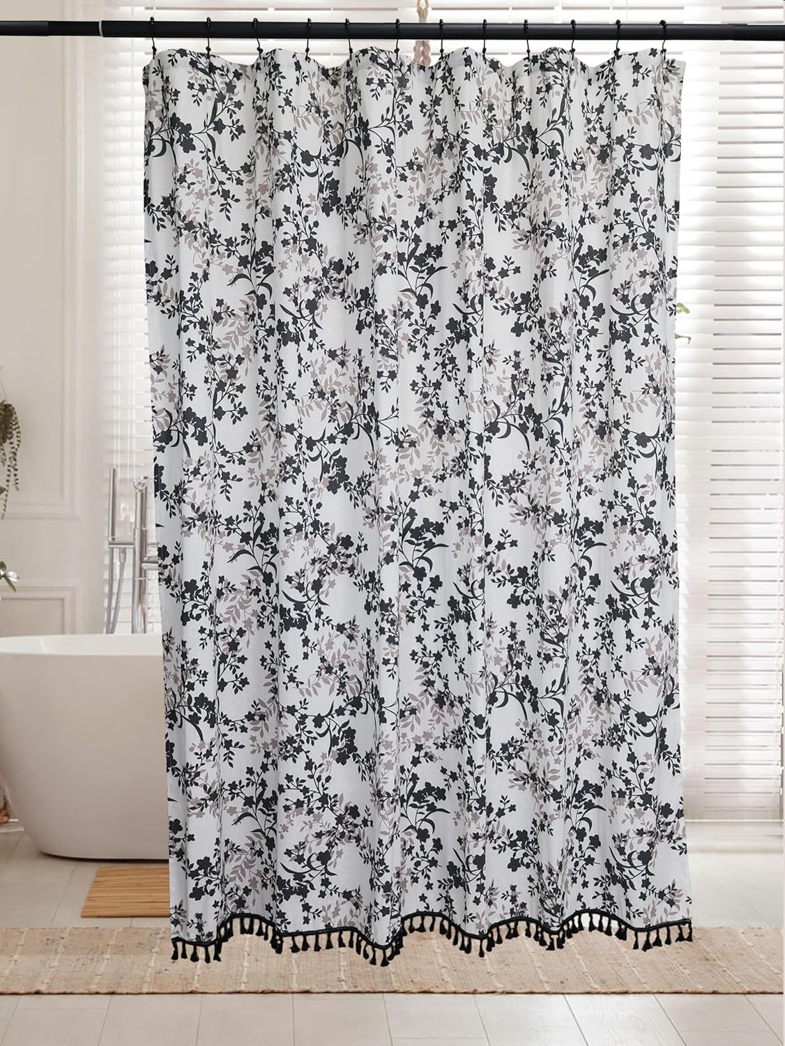 Farmhouse Floral Shower Curtain - 72x72 Inches, Cotton Blend Fabric, Breathable & Washable, Rustic Grey Blue Floral for Bathroom Decor (Grey Blue Floral + Tassel)