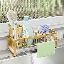 SWTYMIKI Kitchen Sink Caddy Organiser - Sink Tidy Organiser with Auto Draining Tray, Brush Holder, Stainless Steel Sponge Holder with Divider for Countertop Kitchen Storage & Organisation, Gold