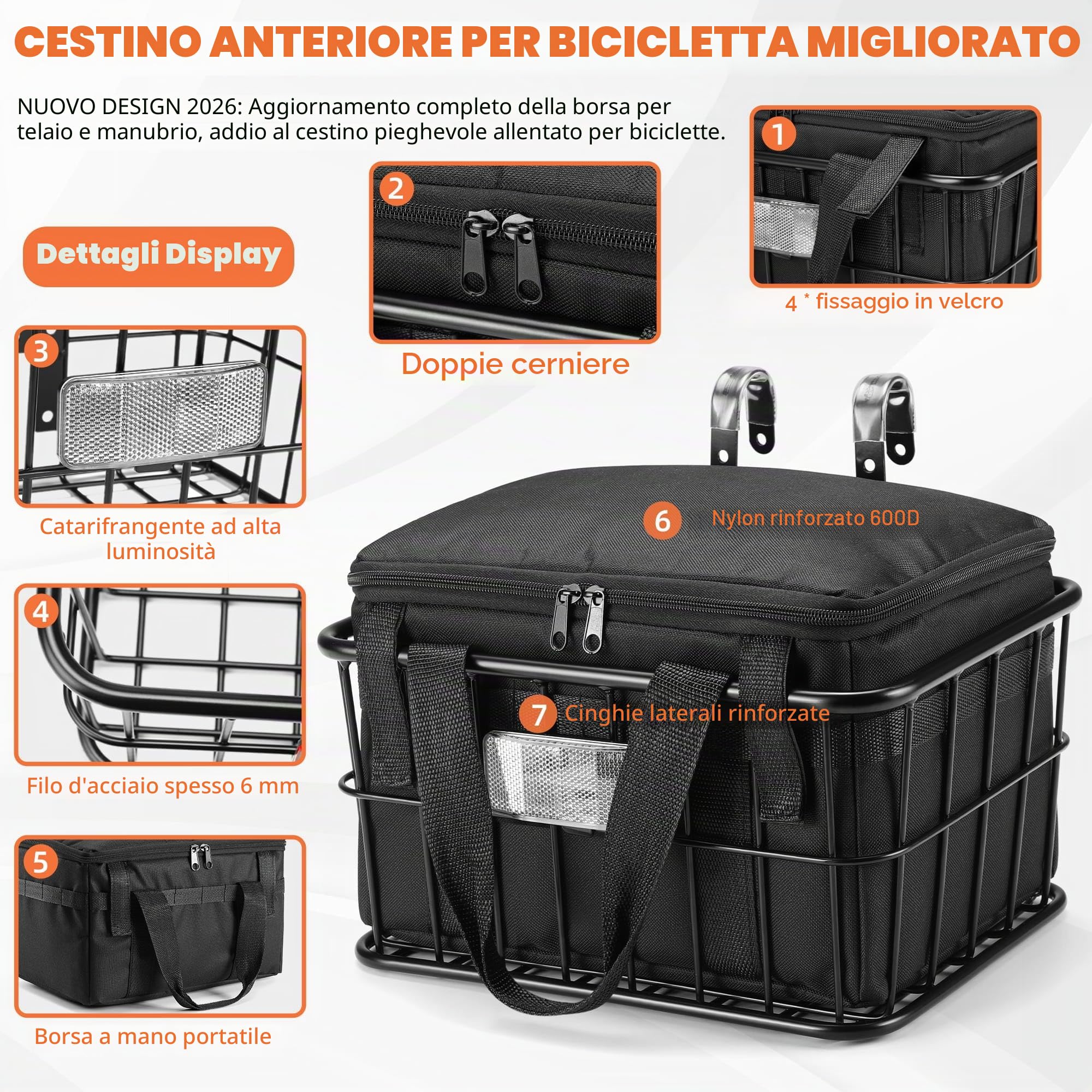 CDYWD Cestino anteriore per bicicletta con tasca interna rimovibile, grande cestino per manubrio bicicletta uomo e donna, cestino anteriore per ebike, scooter, mountain bike, bici da corsa, City bike