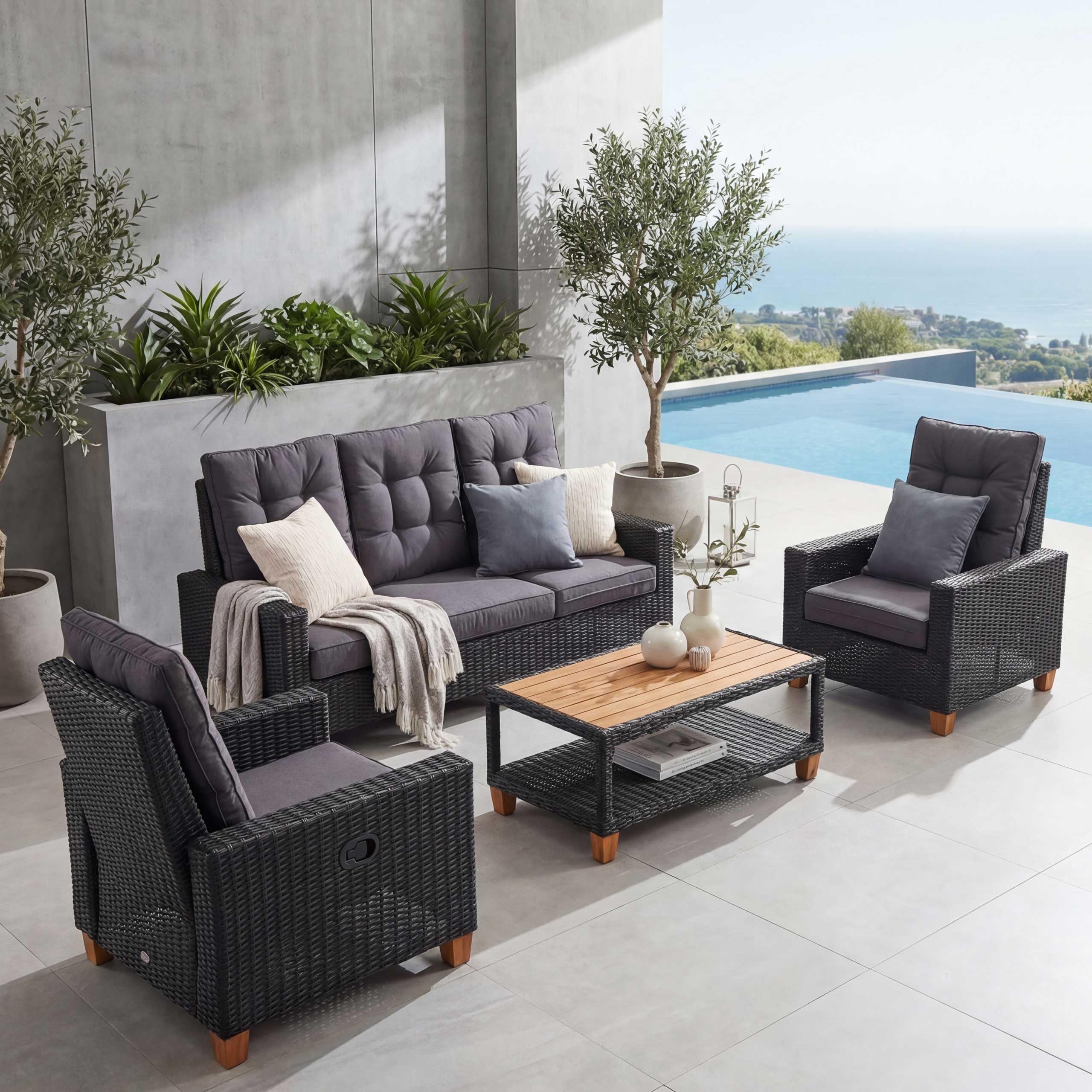 Mendler Gartengarnitur HWC-G28 Akazie - anthrazit, Kissen grau | Sitzgruppe, Lounge-Set, Holz, halbrundes Rattan, verstellbar MVG
